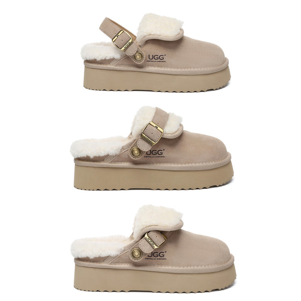 EverUgg Buckle Strap UGG platform slippers Tenley in sand color, featuring woven straps and a cushioned sole for comfortable wear.