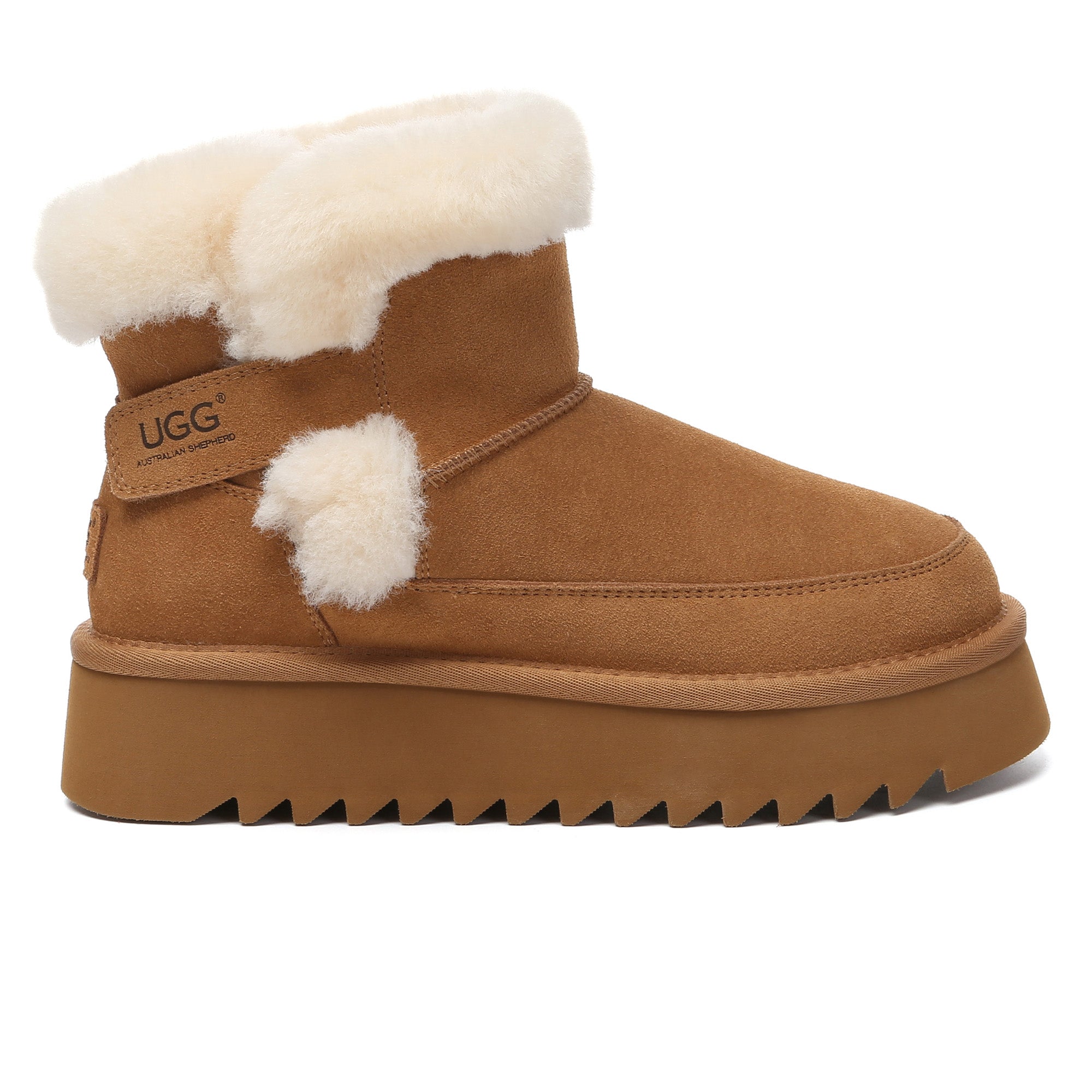 EverUgg Bynnie shearling strap mini platform UGG boots for women, featuring cozy shearling lining and stylish design.