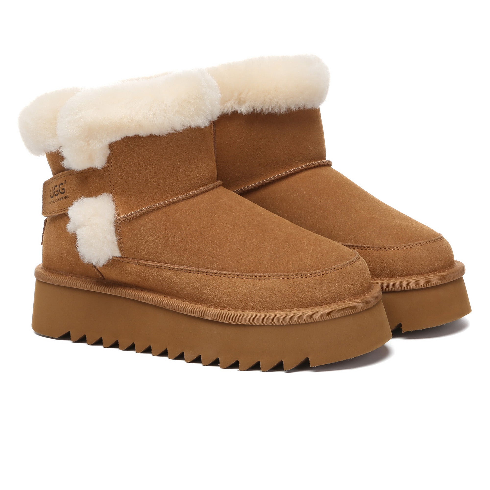 EverUgg Bynnie shearling strap mini platform UGG boots for women with cozy shearling lining and stylish platform sole.
