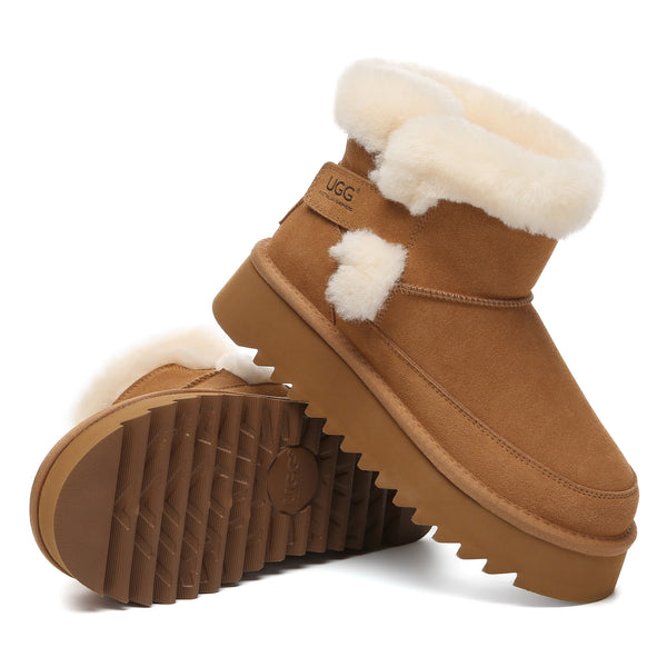 EverUgg Bynnie shearling strap mini platform UGG boots for women, showcasing cozy shearling lining and stylish design.