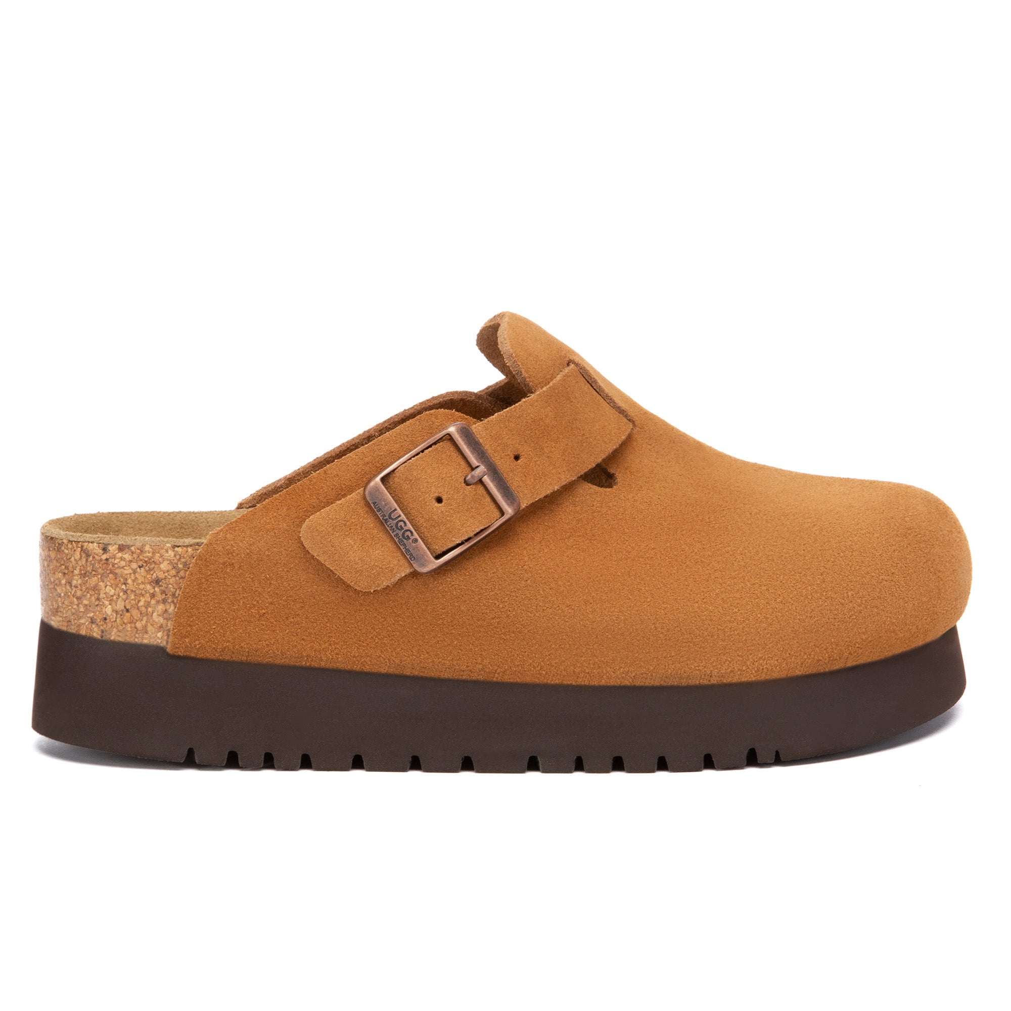 EverUgg Birkie Suede Buckle Platform Clogs slippers with ankle buckle and chunky platform sole, showcasing stylish and comfortable footwear.