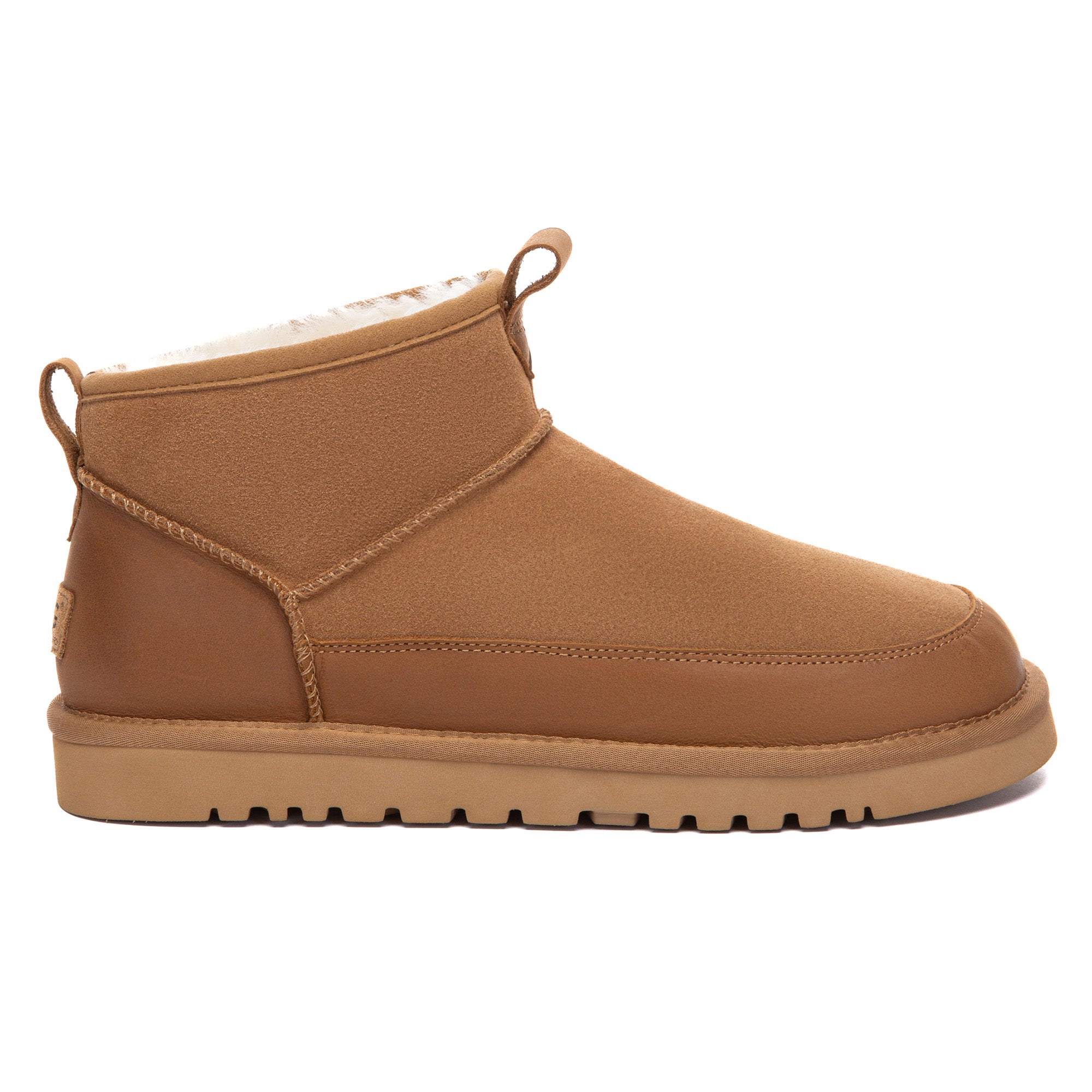 EverUgg Tabs Ultra Mini Ankle UGG Boots in classic suede with cozy fur lining, shown from a side view.