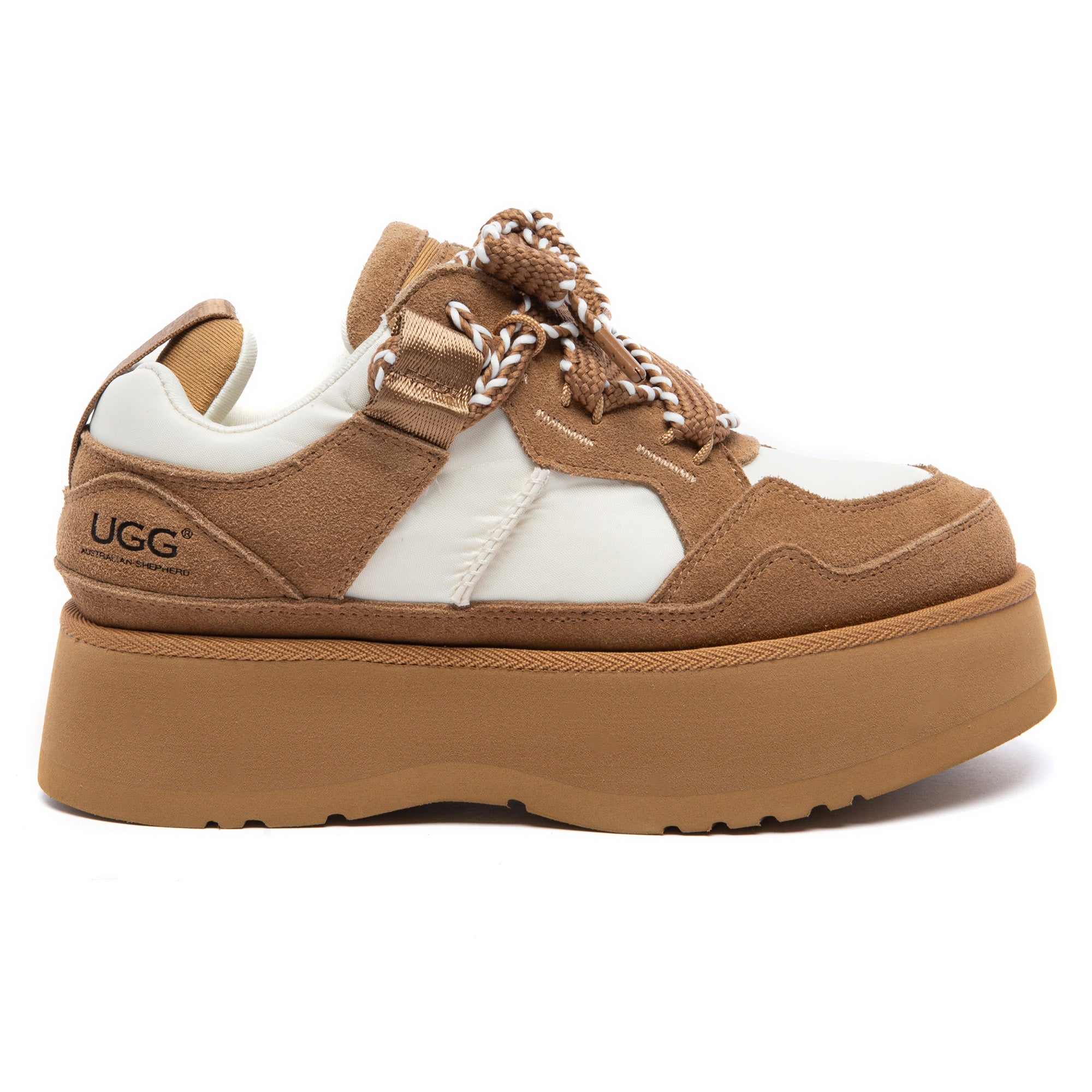 EverUgg Lowemel Platform UGG sneakers showing the stylish beige sneakers with a thick platform sole and casual design.