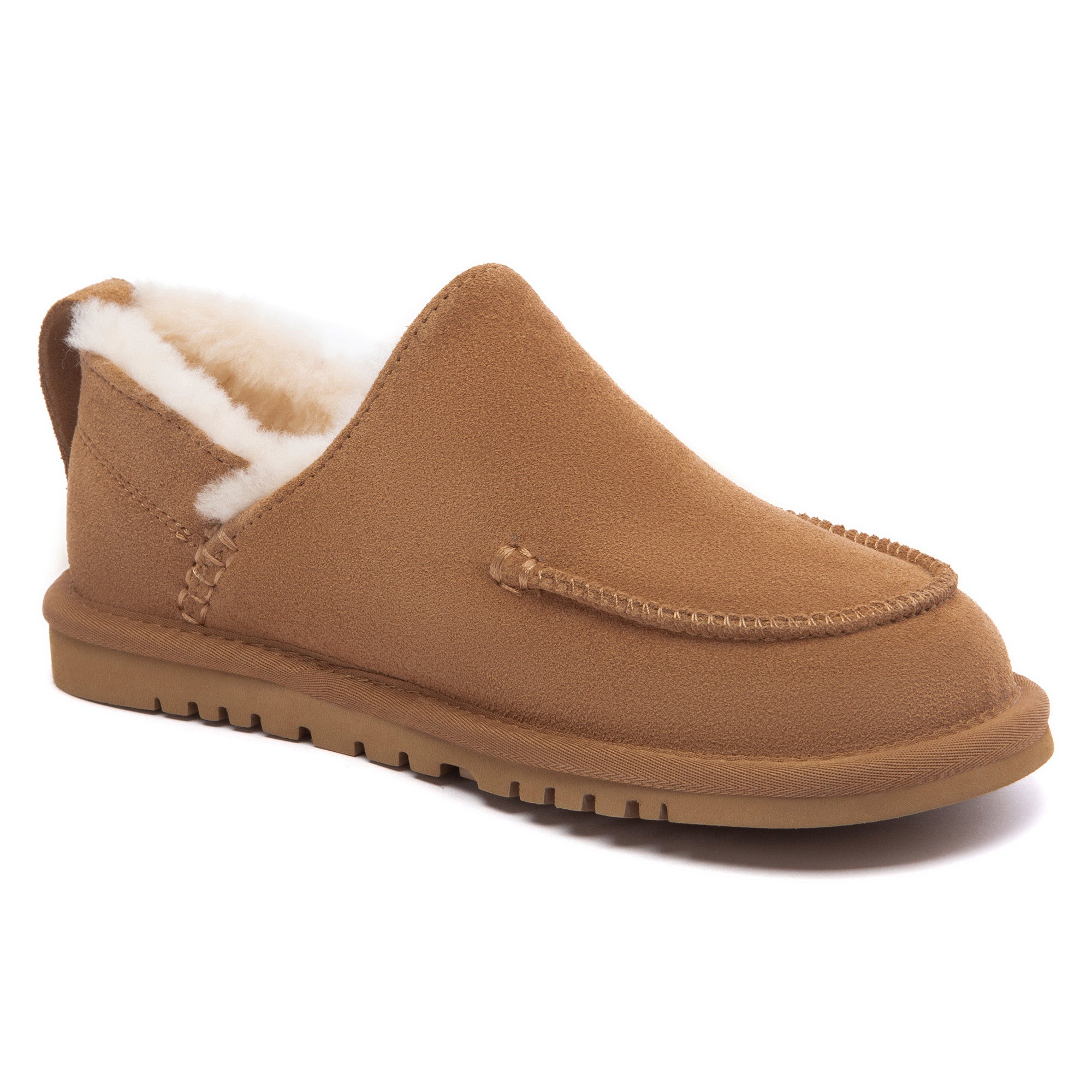 EverUgg Meave Moccasin UGG slippers with soft suede exterior and plush interior, designed for comfortable indoor wear.