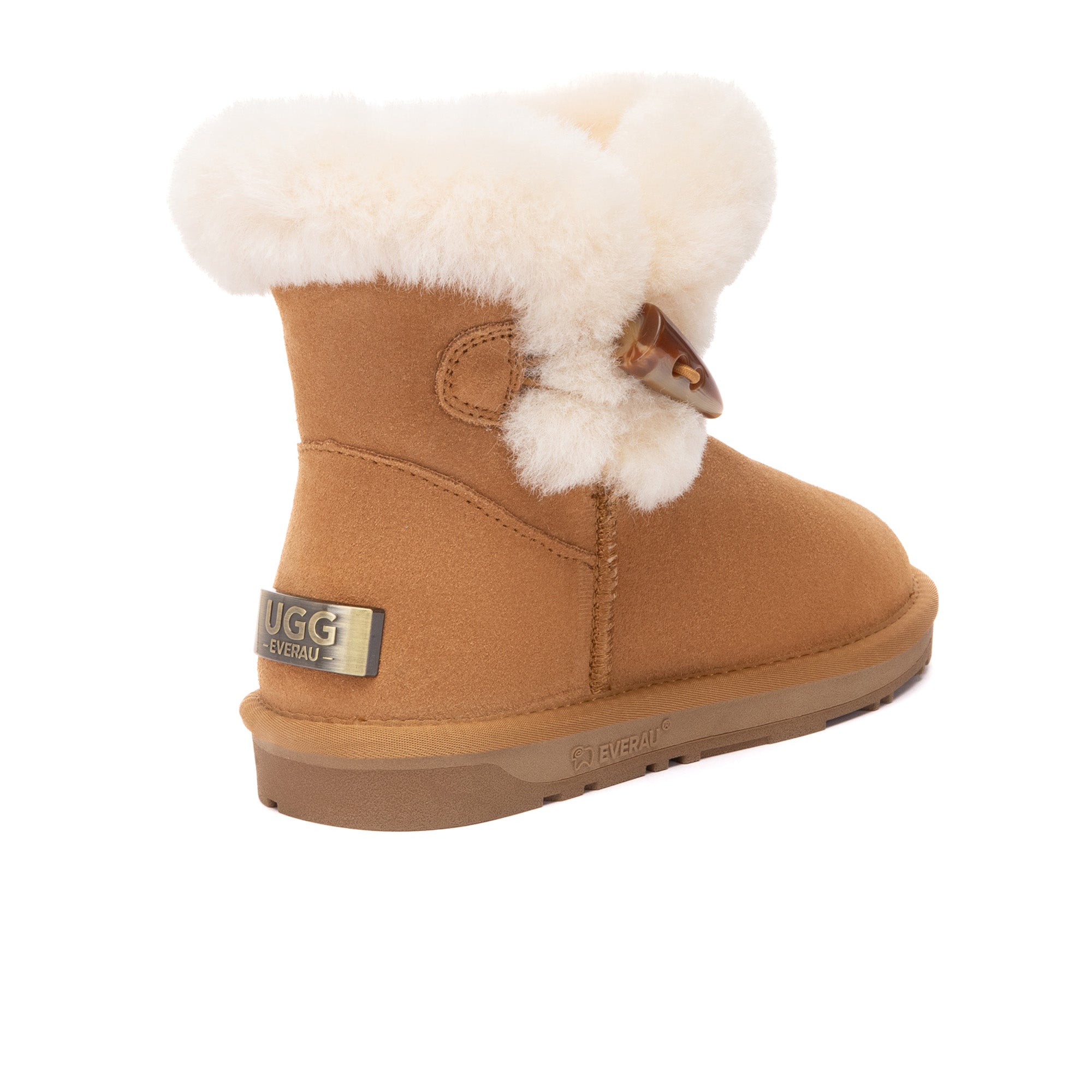 EverUgg Tiara Shark Mini Button UGG Boots in black with decorative buttons and plush fur lining, stylish and cozy winter footwear.
