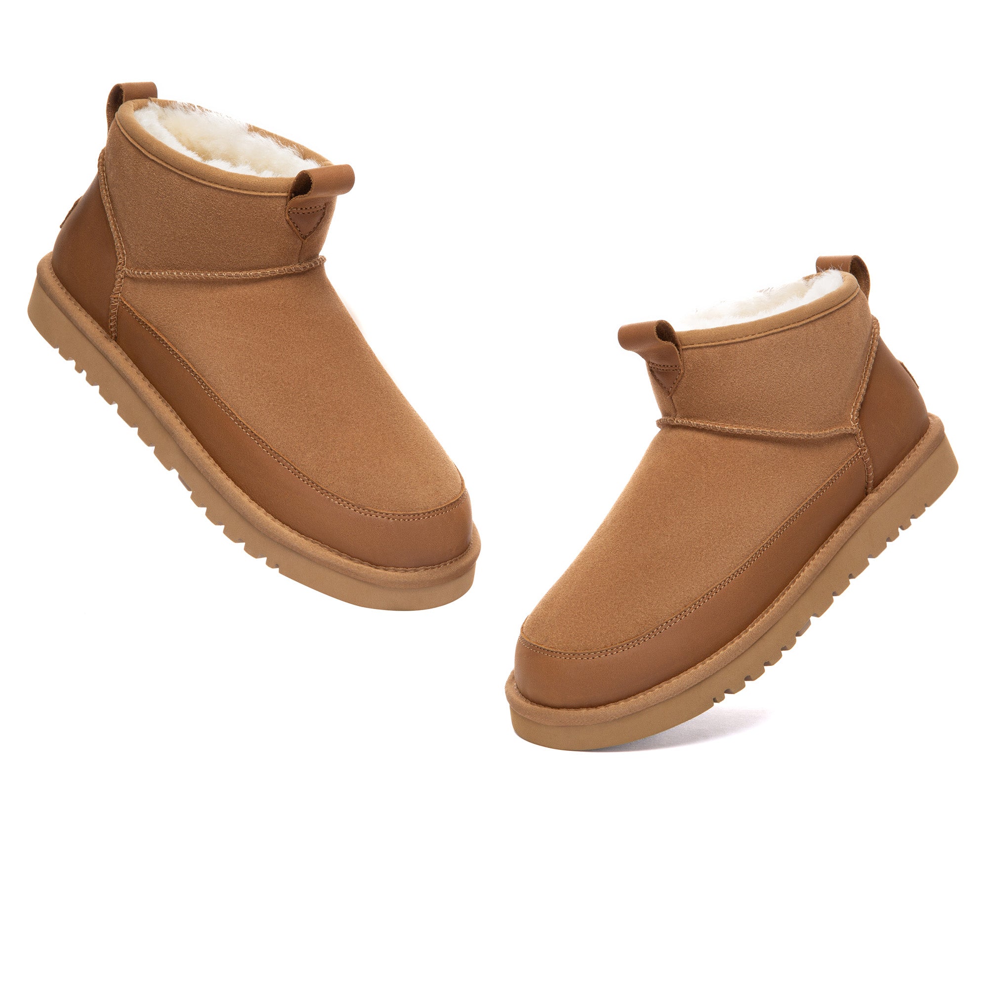 EverUgg Tabs Ultra Mini Ankle UGG Boots in classic suede with sheepskin lining, showing the ankle-length design and cozy interior.