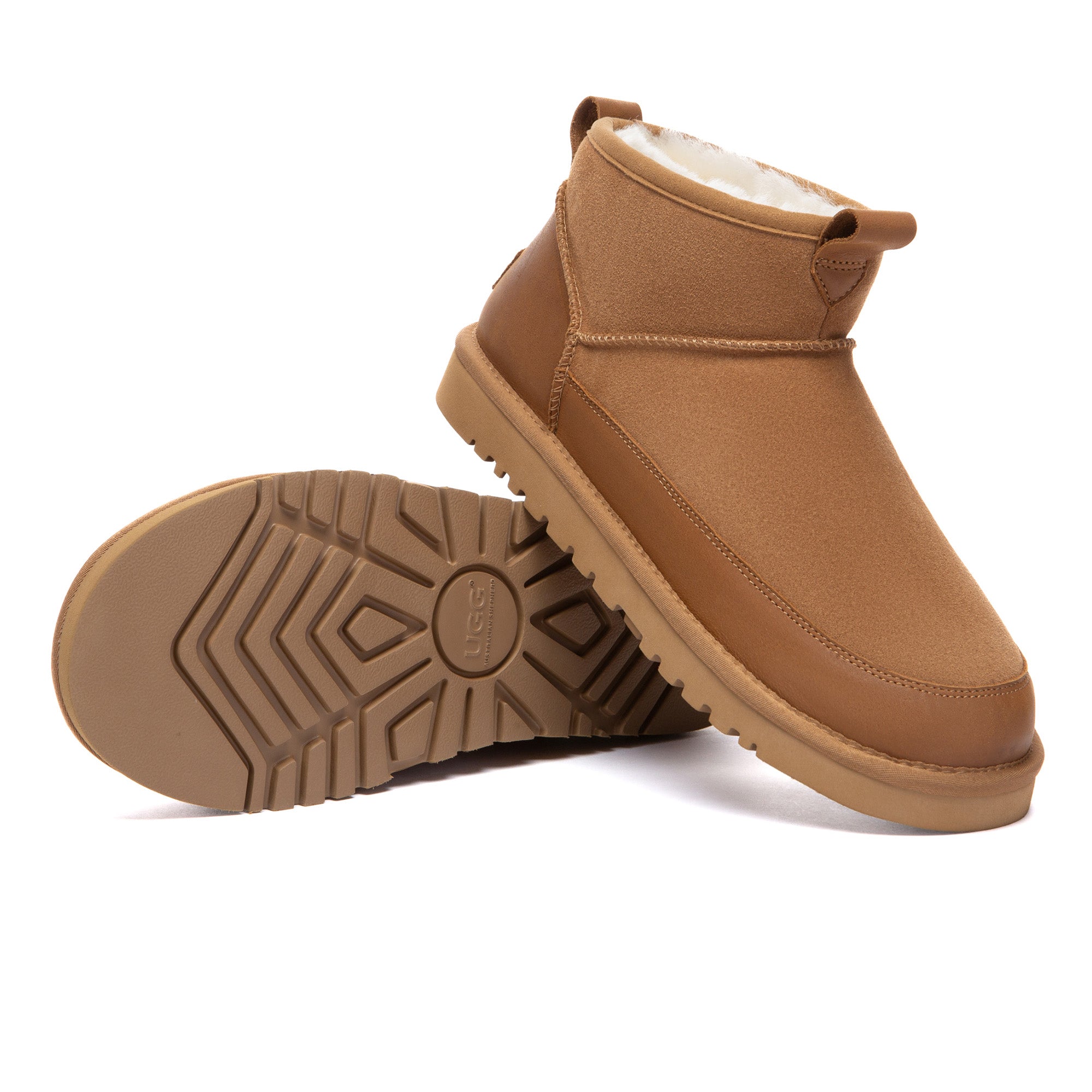 EverUgg Tabs Ultra Mini Ankle UGG Boots in tan with faux fur trim, showcasing their stylish compact design and textured sole.