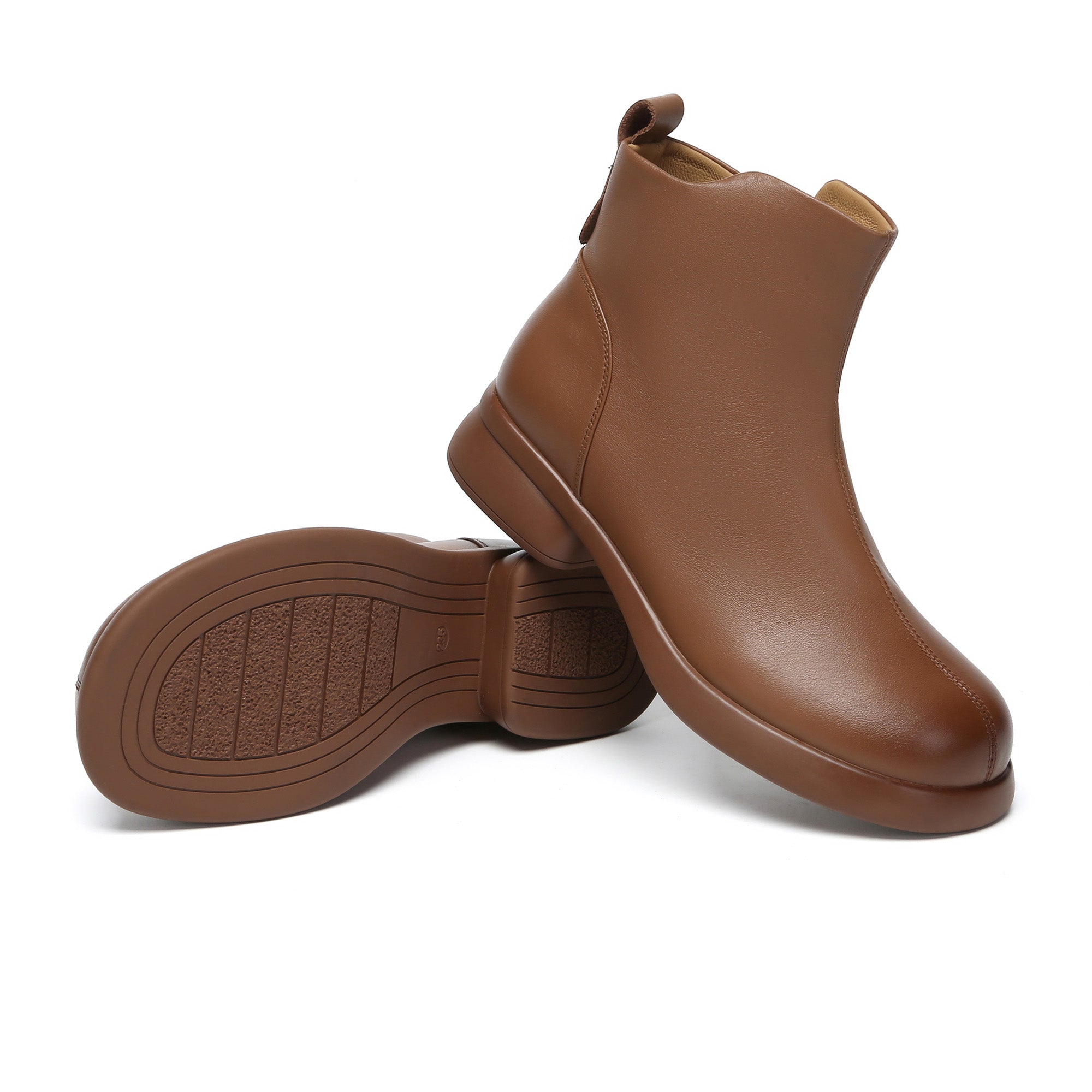 EverUgg Caroline Leather Zip Ankle Boots, stylish brown boots with side zipper and sleek leather finish.