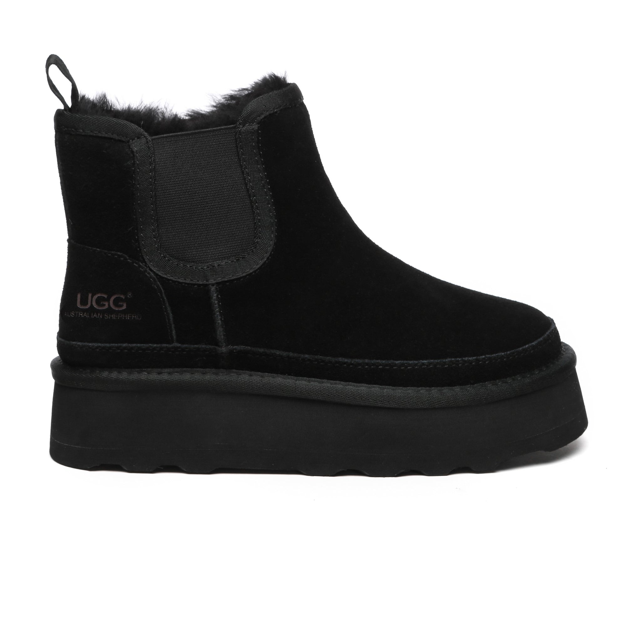 EverUgg Chelsea UGG platform boots with chunky heel and classic design, shown in side view on a white background.