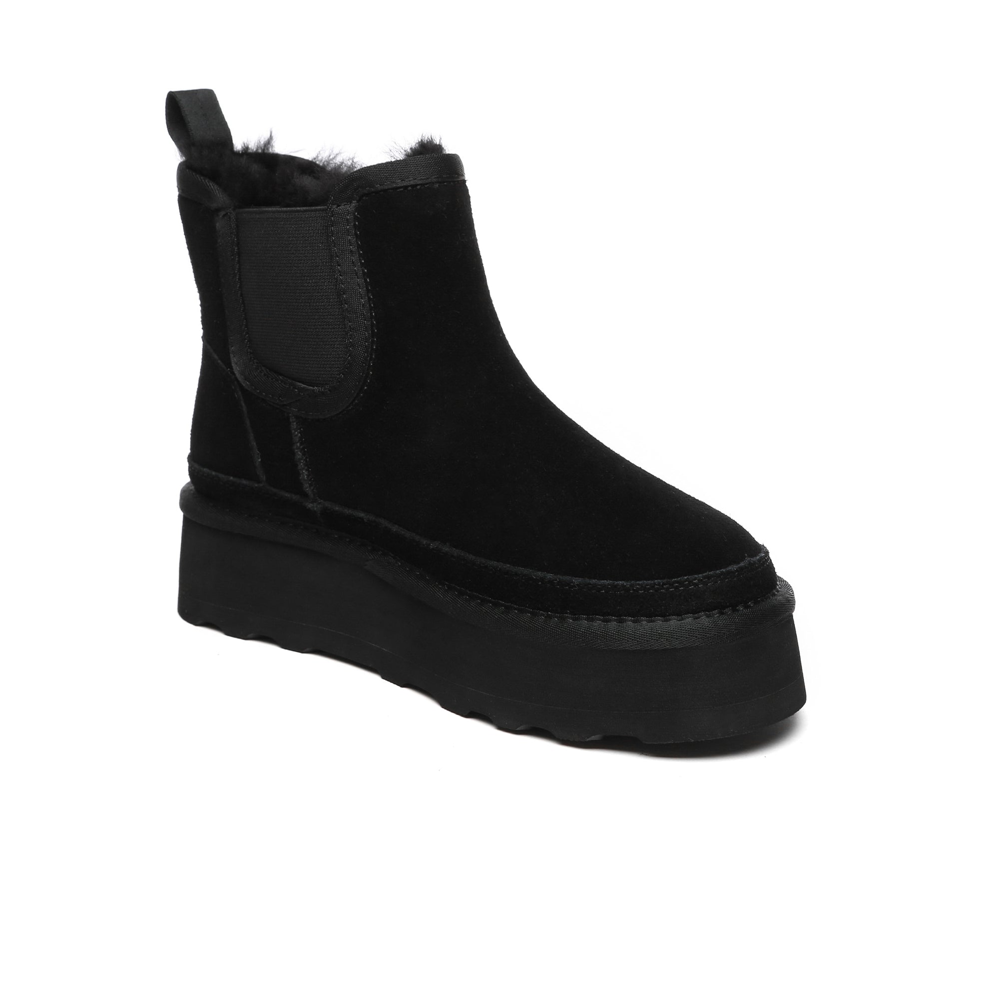 EverUgg Chelsea UGG platform boots with ankle-high design, tan color, and rugged sole, showcasing stylish winter footwear.