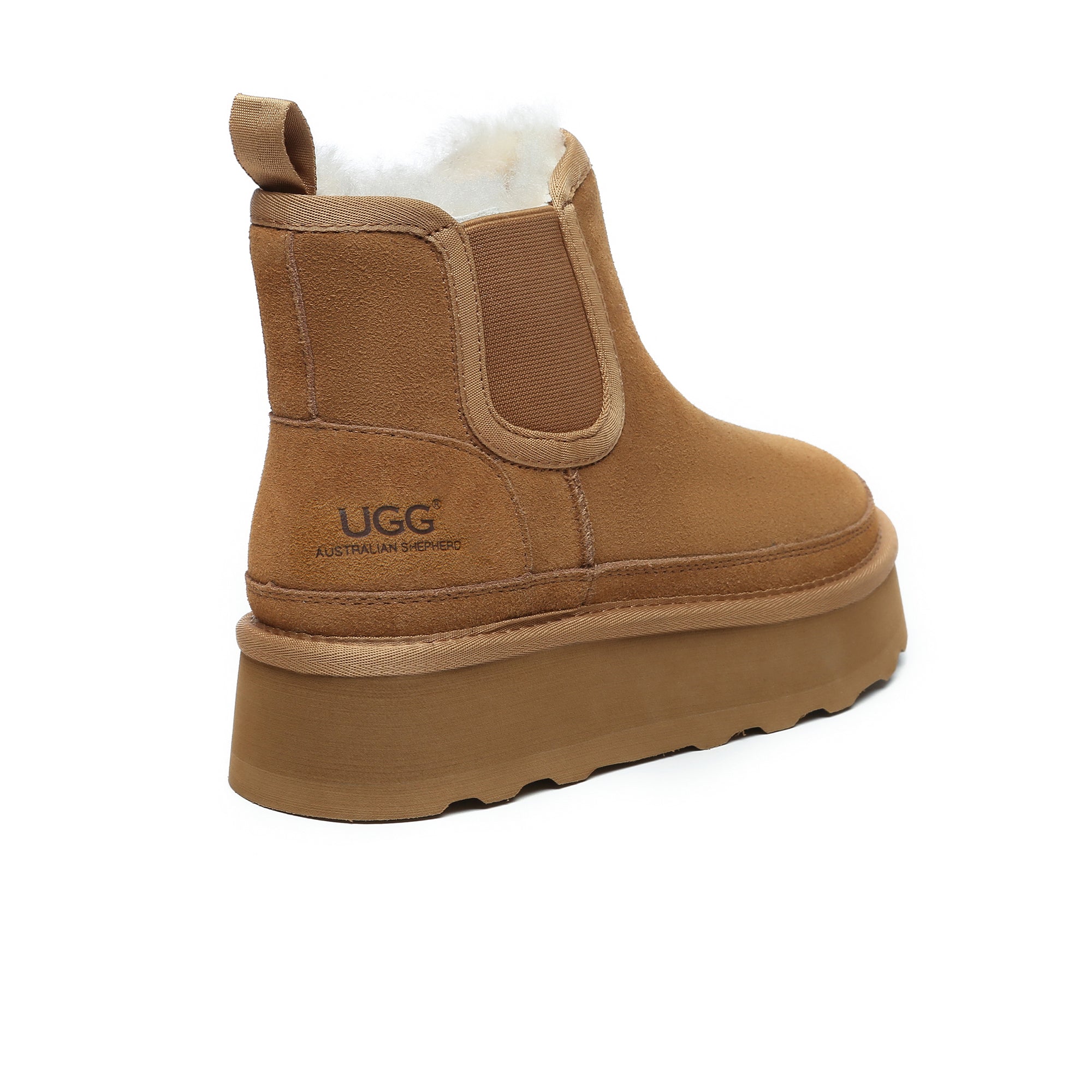 EverUgg Chelsea UGG platform boots, stylish shoes with chunky soles and classic design, shown in a side view.