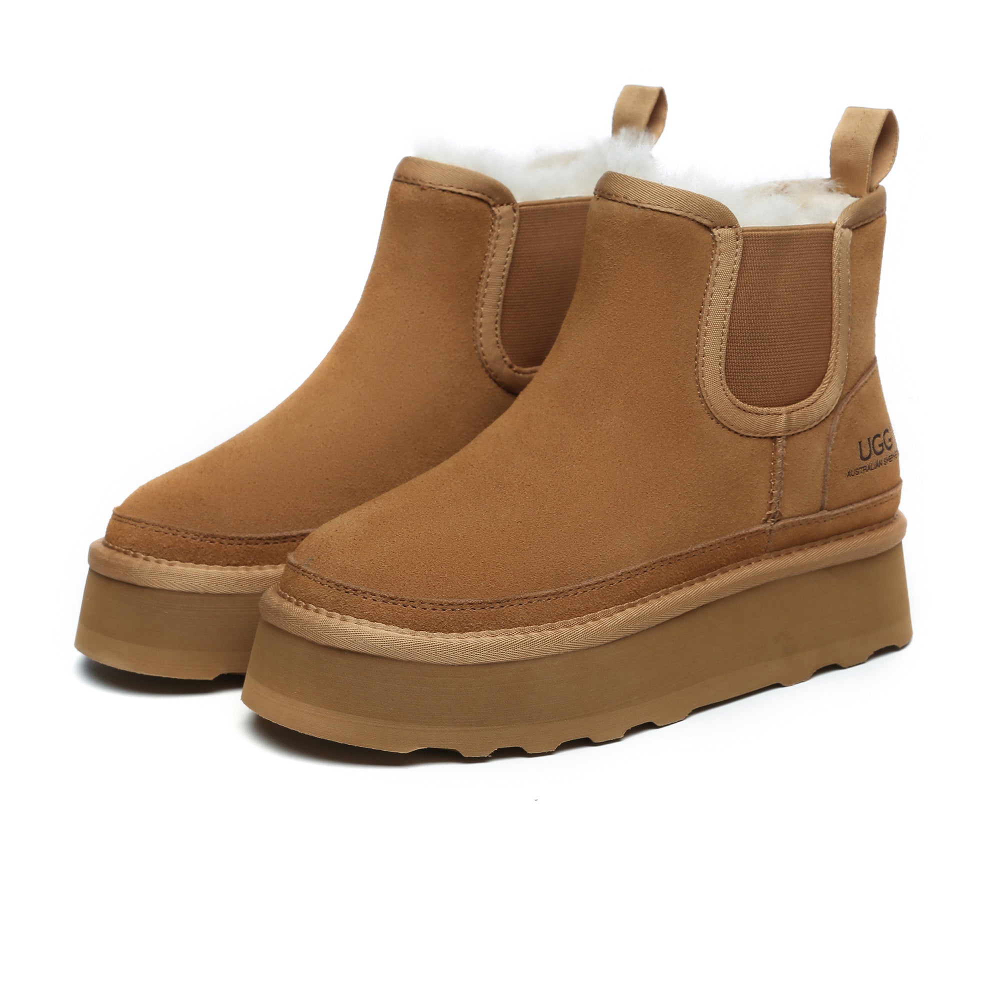 EverUgg Chelsea UGG platform boots, stylish shoes with a chunky sole and classic design, shown in a side view.