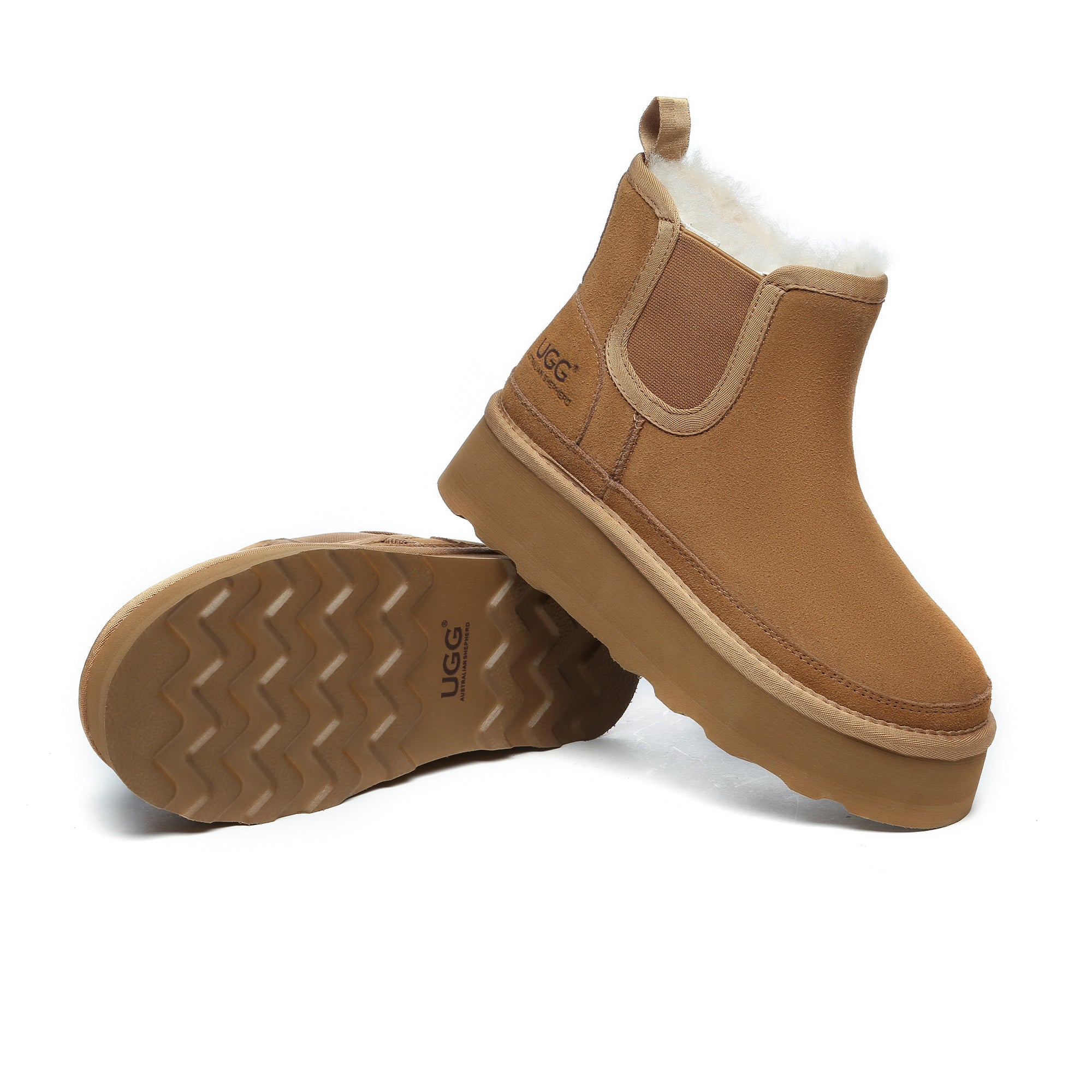 EverUgg Chelsea UGG platform boots, stylish shoes with a chunky heel and classic ankle design, shown in black leather.