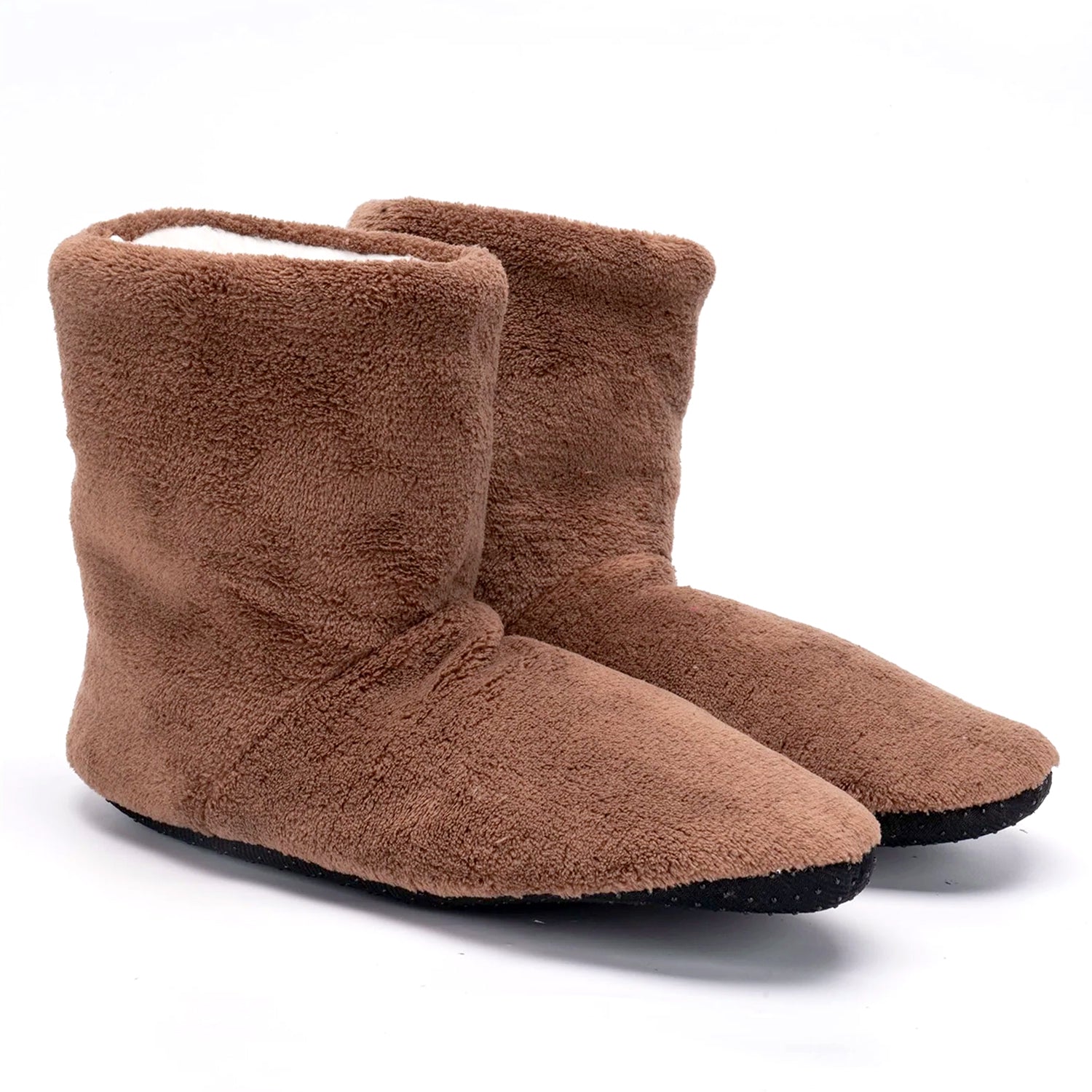 Snuggyz Chestnut Home Booties shown on feet, cozy fuzzy slippers designed for comfortable indoor wear.