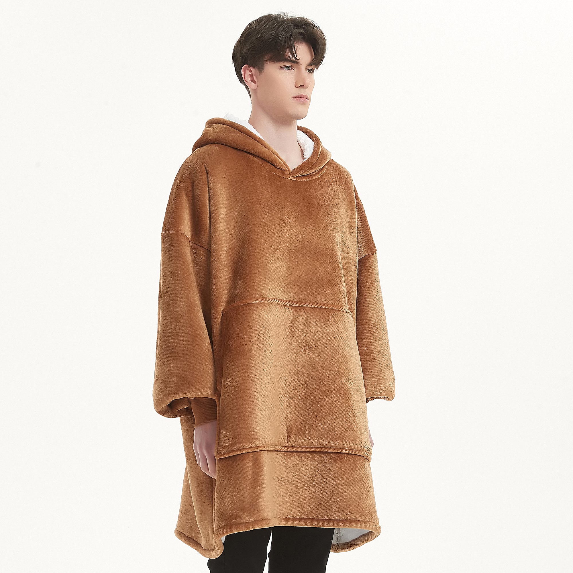 Snuggyz Chestnut Hoodie Blanket showing a cozy, chestnut-colored hoodie blanket with a large hood and soft fleece material.