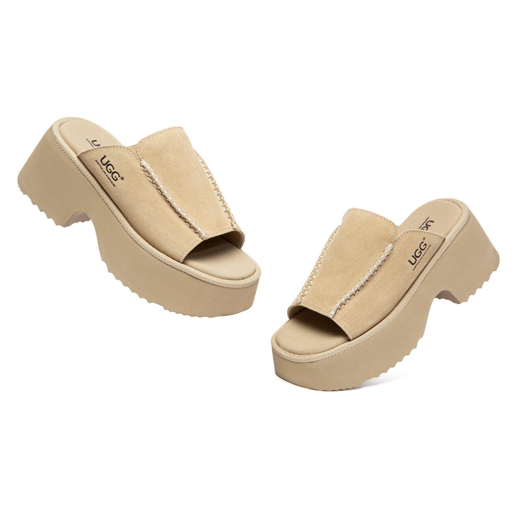 EverUgg chunky heel platform slippers featuring soft, plush material and a stylish design for comfortable wear.