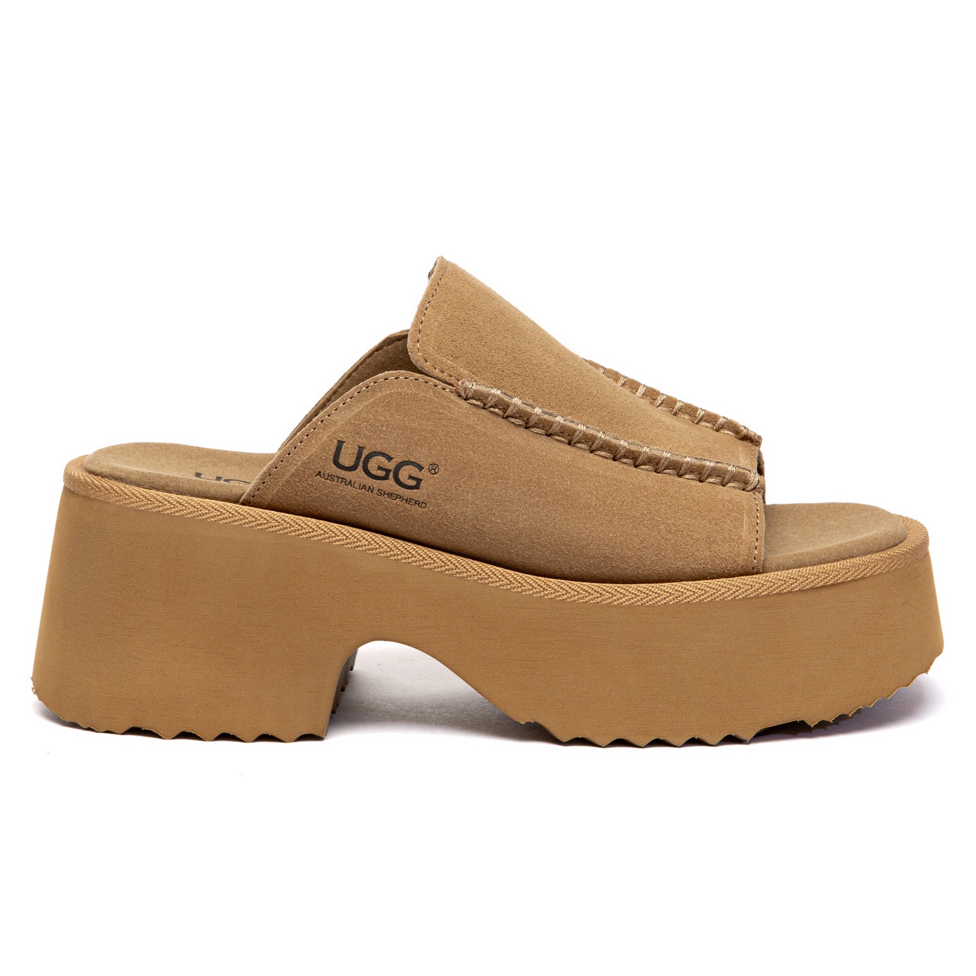 EverUgg chunky heel platform slippers with soft fabric and stylish design, perfect for indoor comfort.