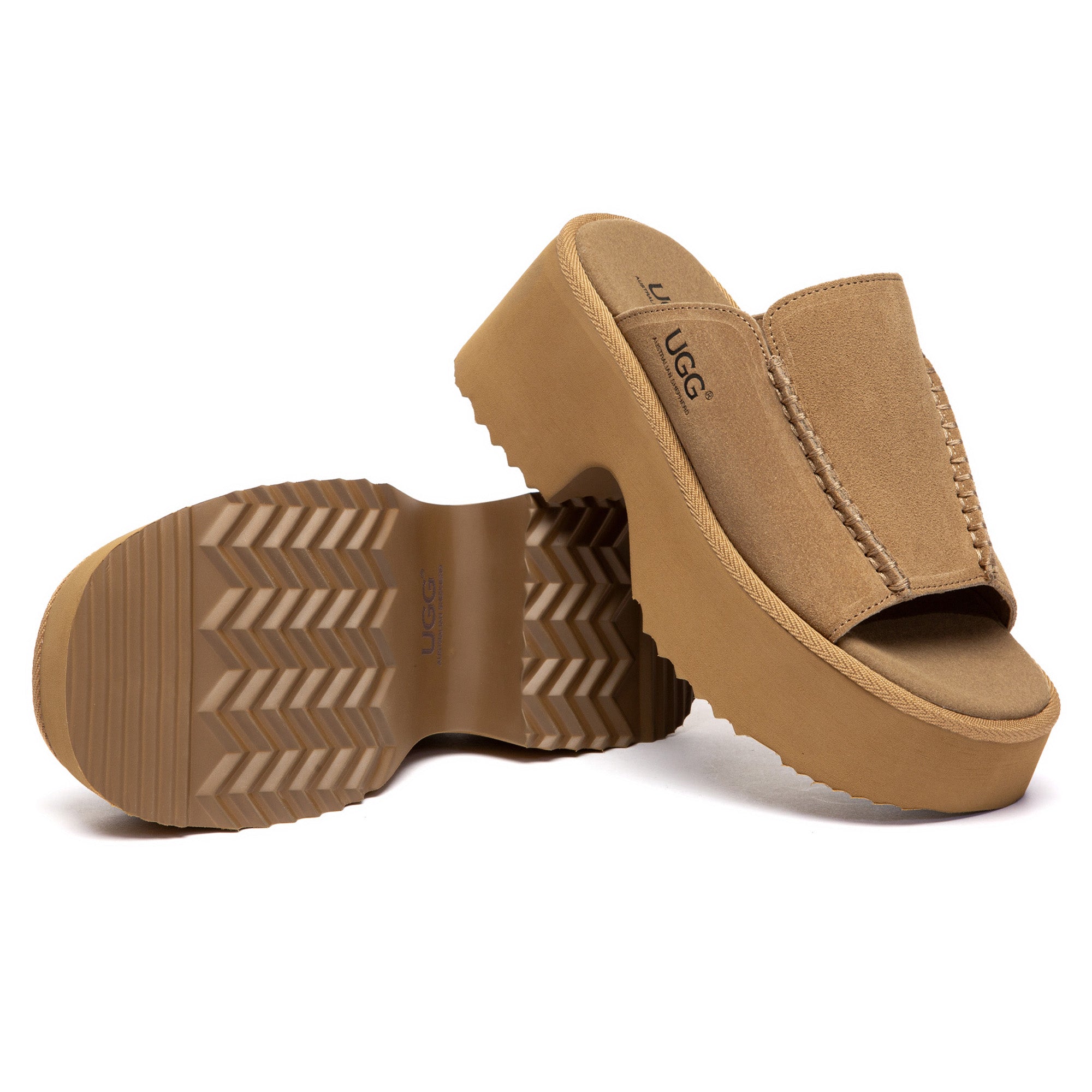 EverUgg chunky heel platform slippers featuring soft material, open-toe design, and stylish heel for comfortable casual wear.