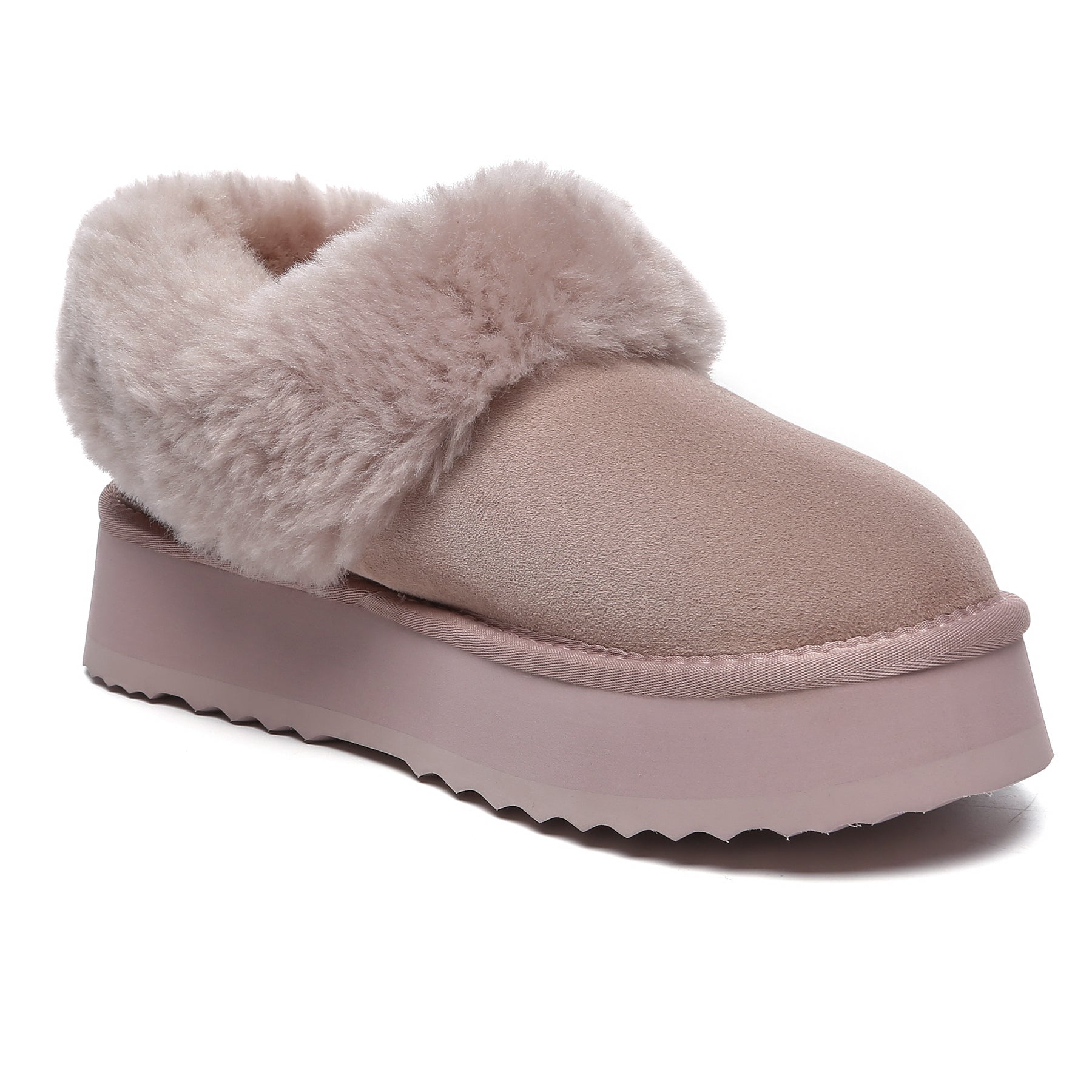 EverUgg Claire UGG platform ankle slippers in dawn pink with plush interior and slip-on design, perfect for cozy comfort.
