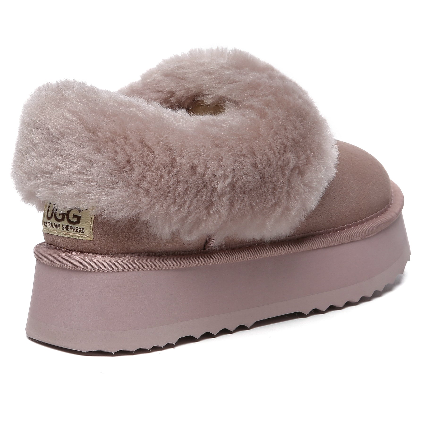 EverUgg Claire UGG platform ankle slippers in dawn pink, showcasing soft fabric and comfortable slip-on design for women.