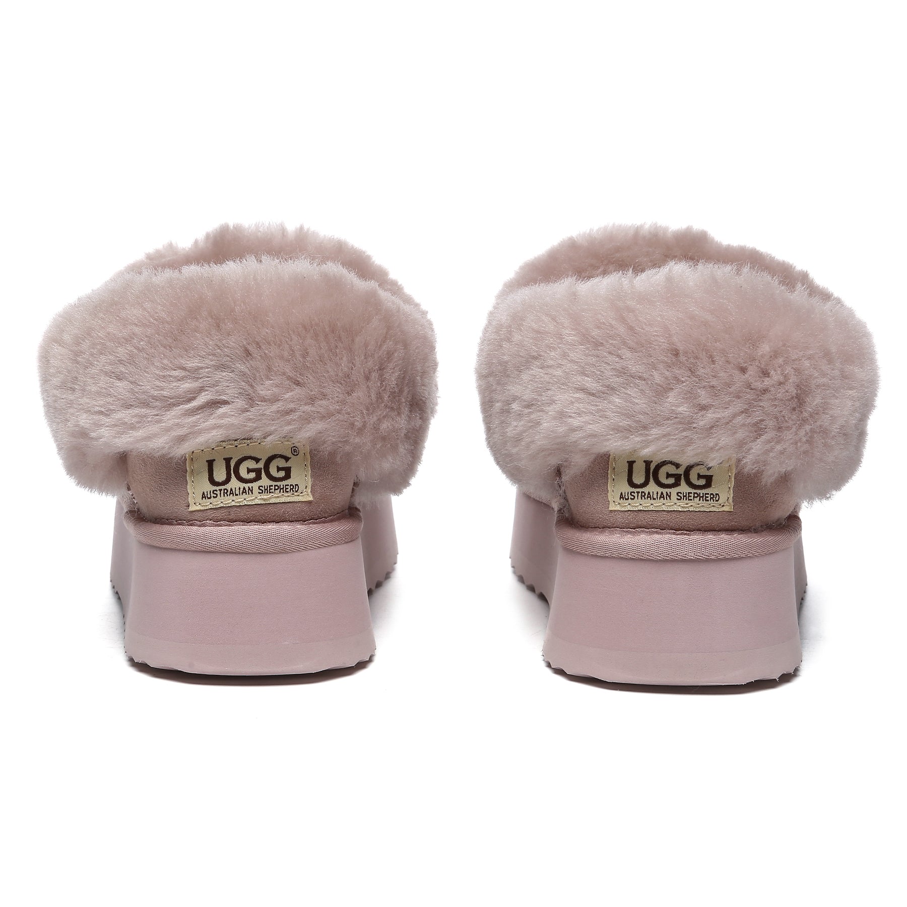 EverUgg Claire UGG platform ankle slippers in dawn pink with plush interior and slip-on style, perfect for cozy comfort.