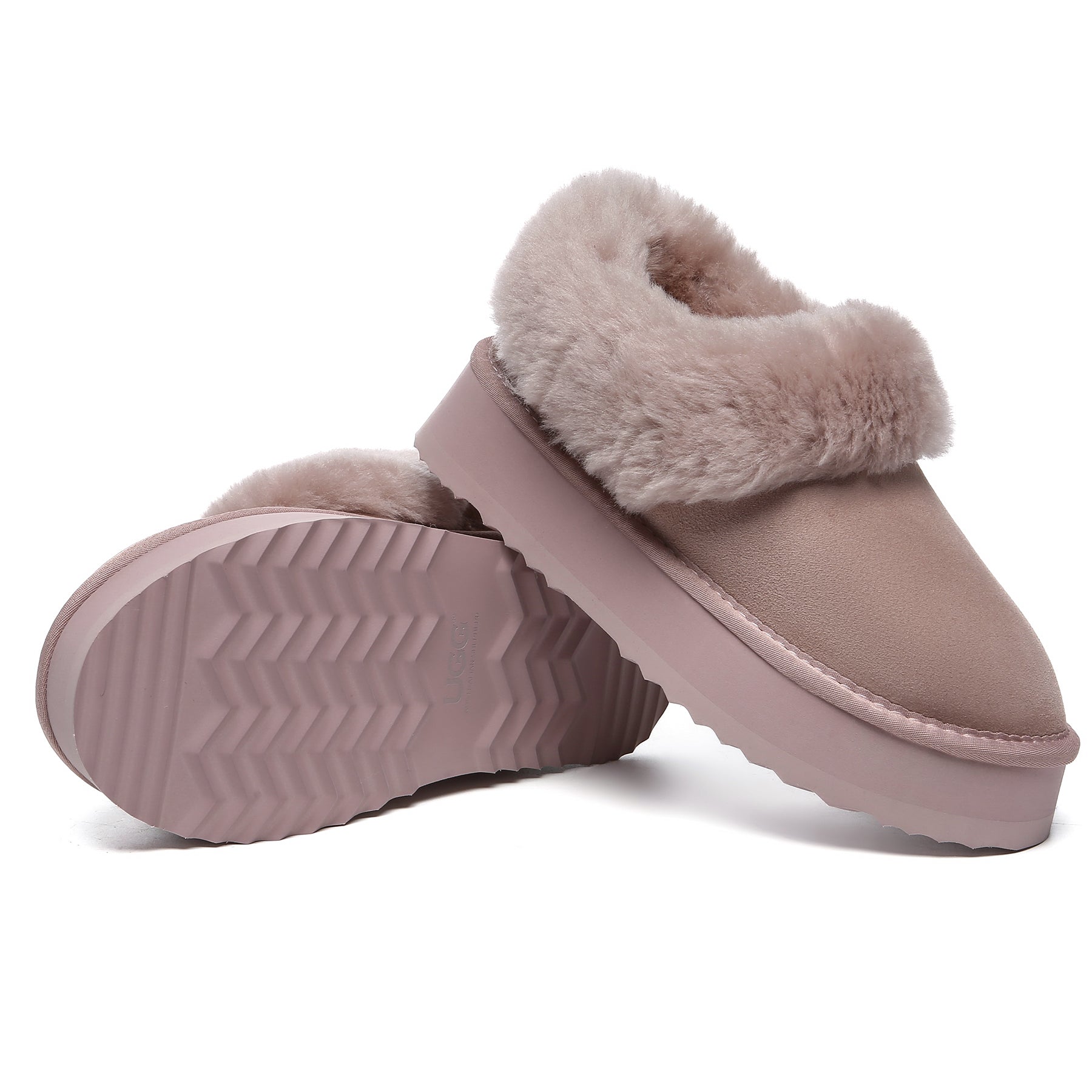 EverUgg Claire UGG platform ankle slippers in dawn pink, soft plush material with a comfortable slip-on design.