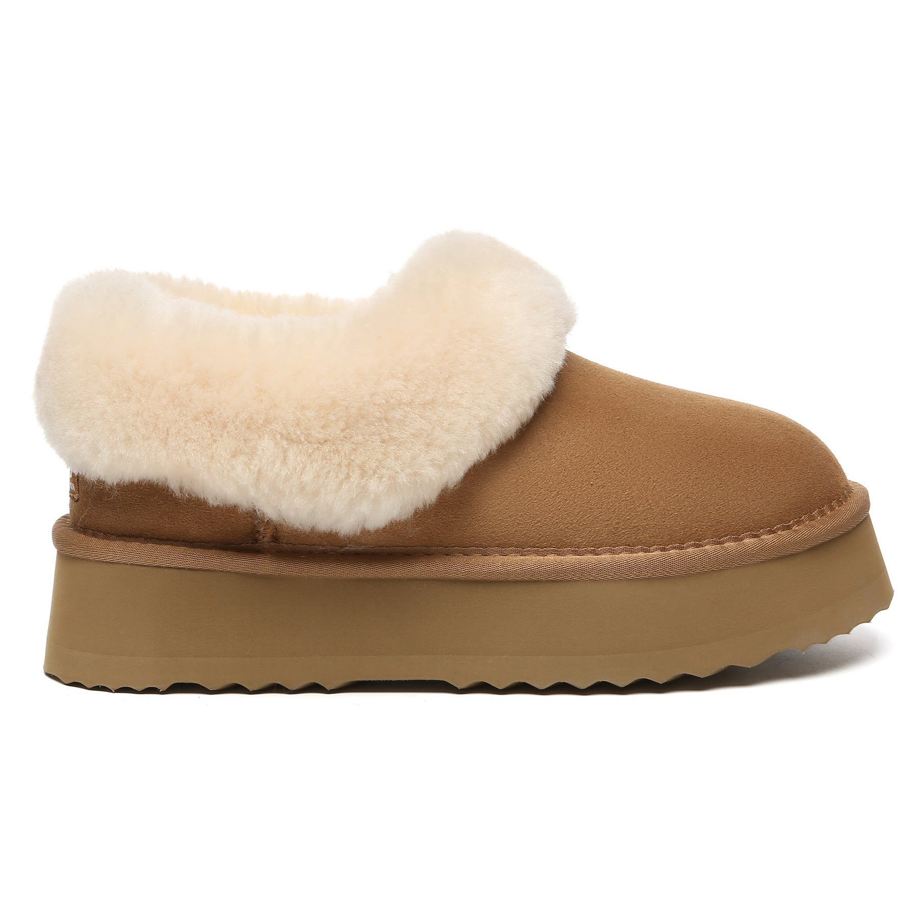 EverUgg Claire UGG platform ankle slippers in chestnut, showing the cozy UGG slippers with plush lining and slip-on design.