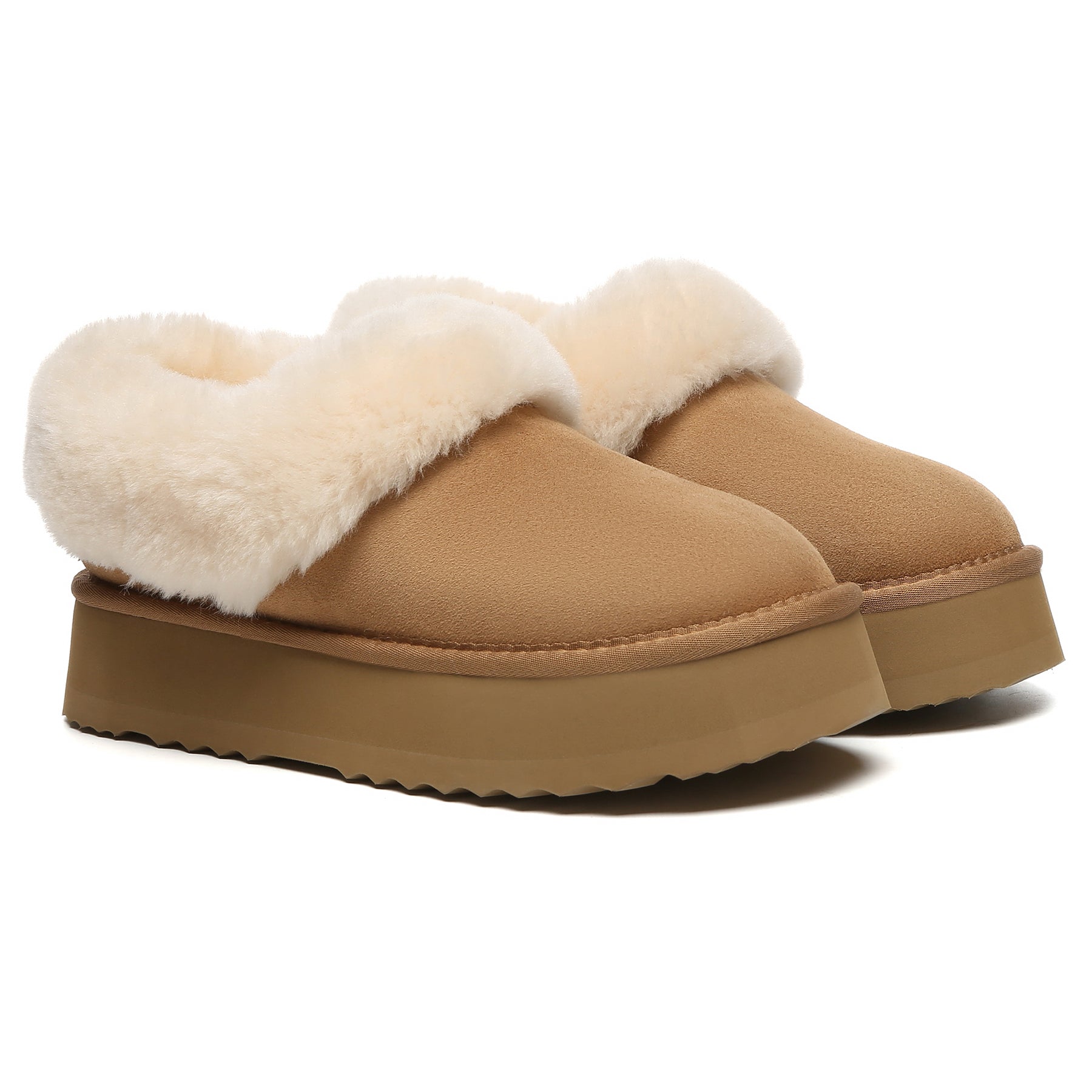 EverUgg Claire UGG platform ankle slippers in chestnut, featuring soft materials and a stylish slip-on design for women.
