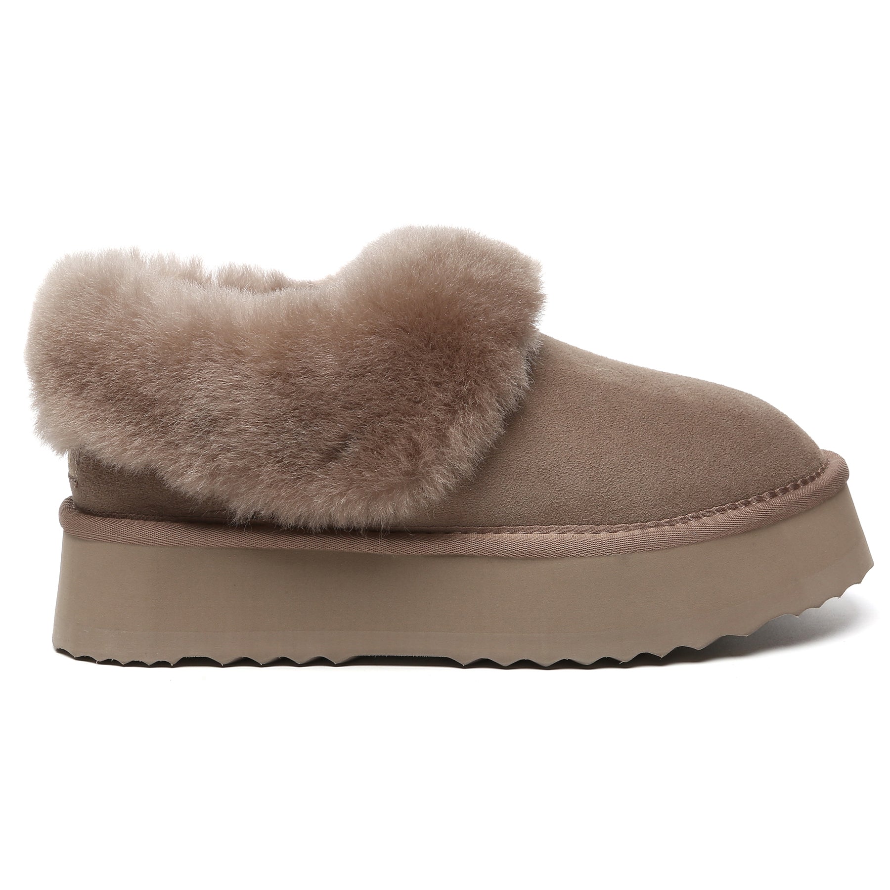 Brown Claire UGG platform ankle slippers for women, featuring plush UGG-style sheepskin and comfortable slip-on design.
