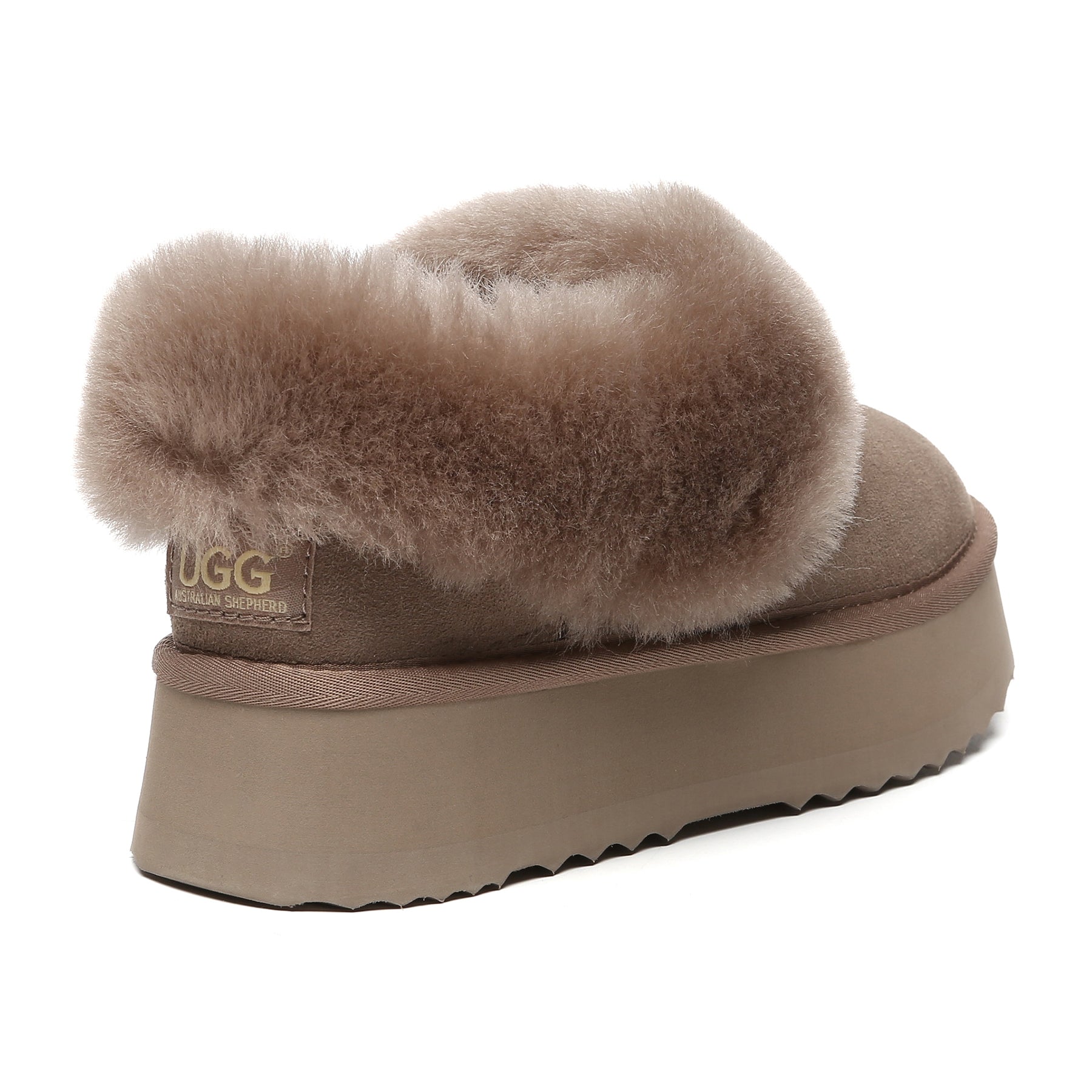 Brown Claire UGG platform ankle slippers for women with soft UGG material and slip-on design, showcasing comfort and style.