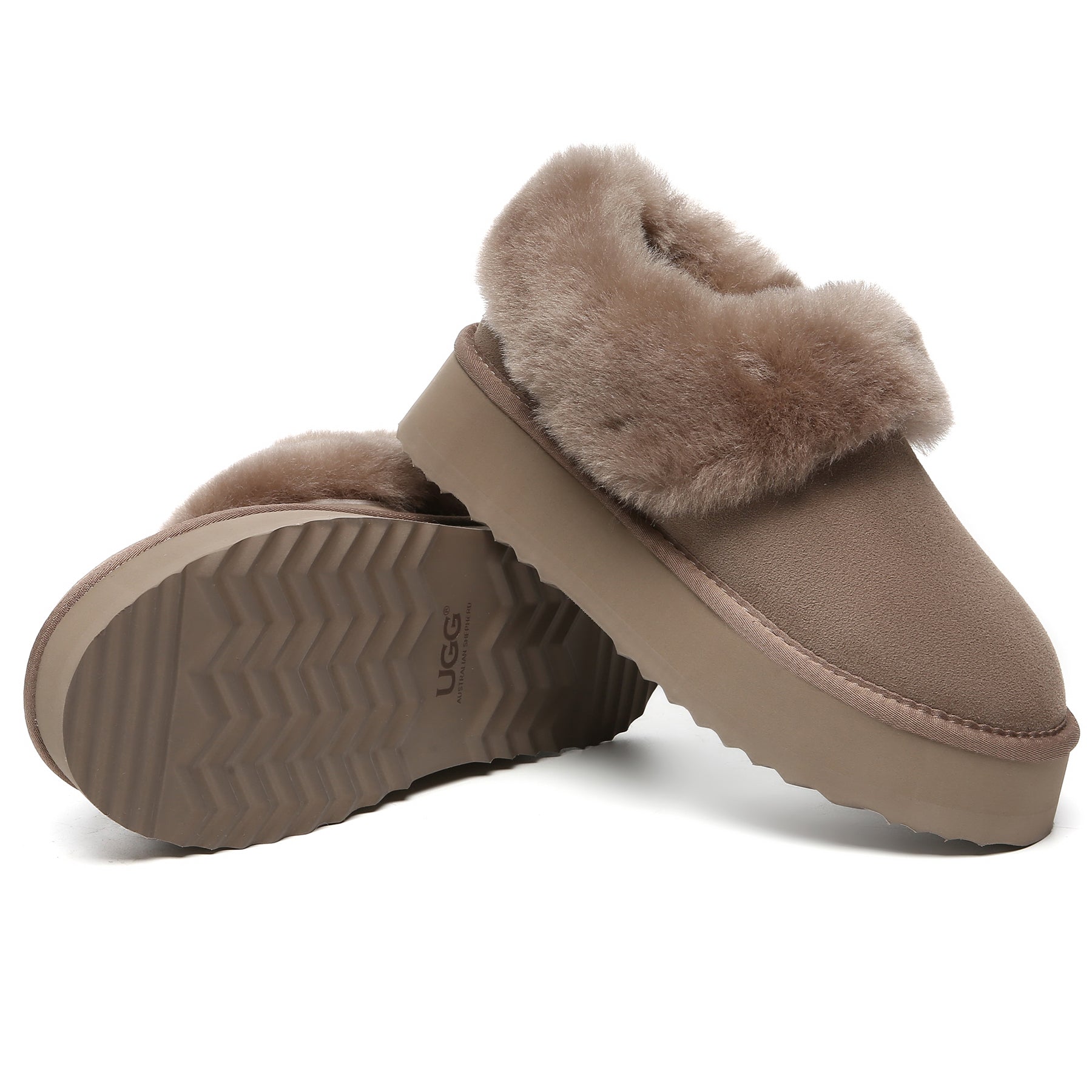 Brown Claire UGG platform ankle slippers for women by EverUgg, featuring cozy UGG slipper design with a slight heel.