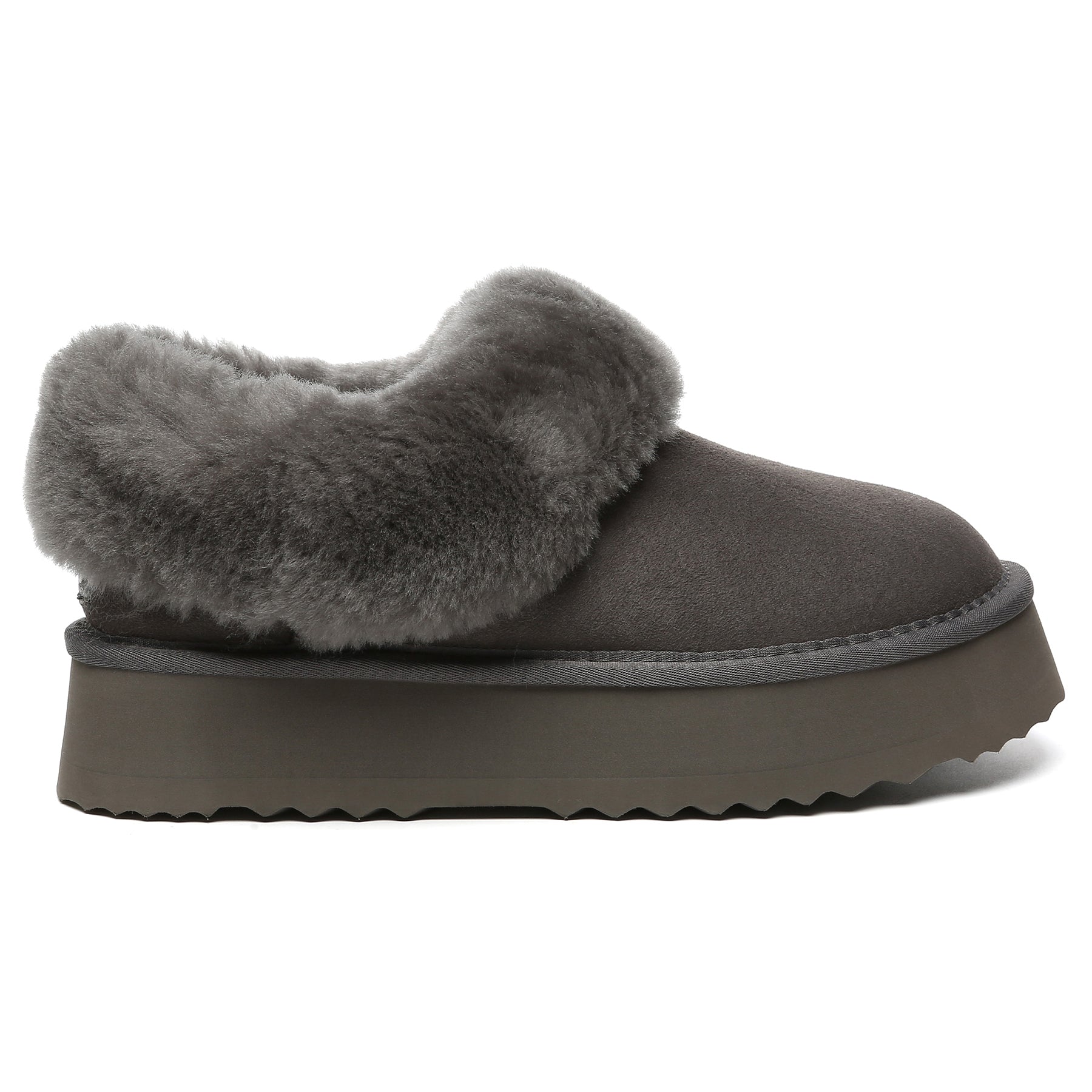 Grey Claire UGG platform ankle slippers for women with soft UGG lining and slip-on design, stylish and comfortable.