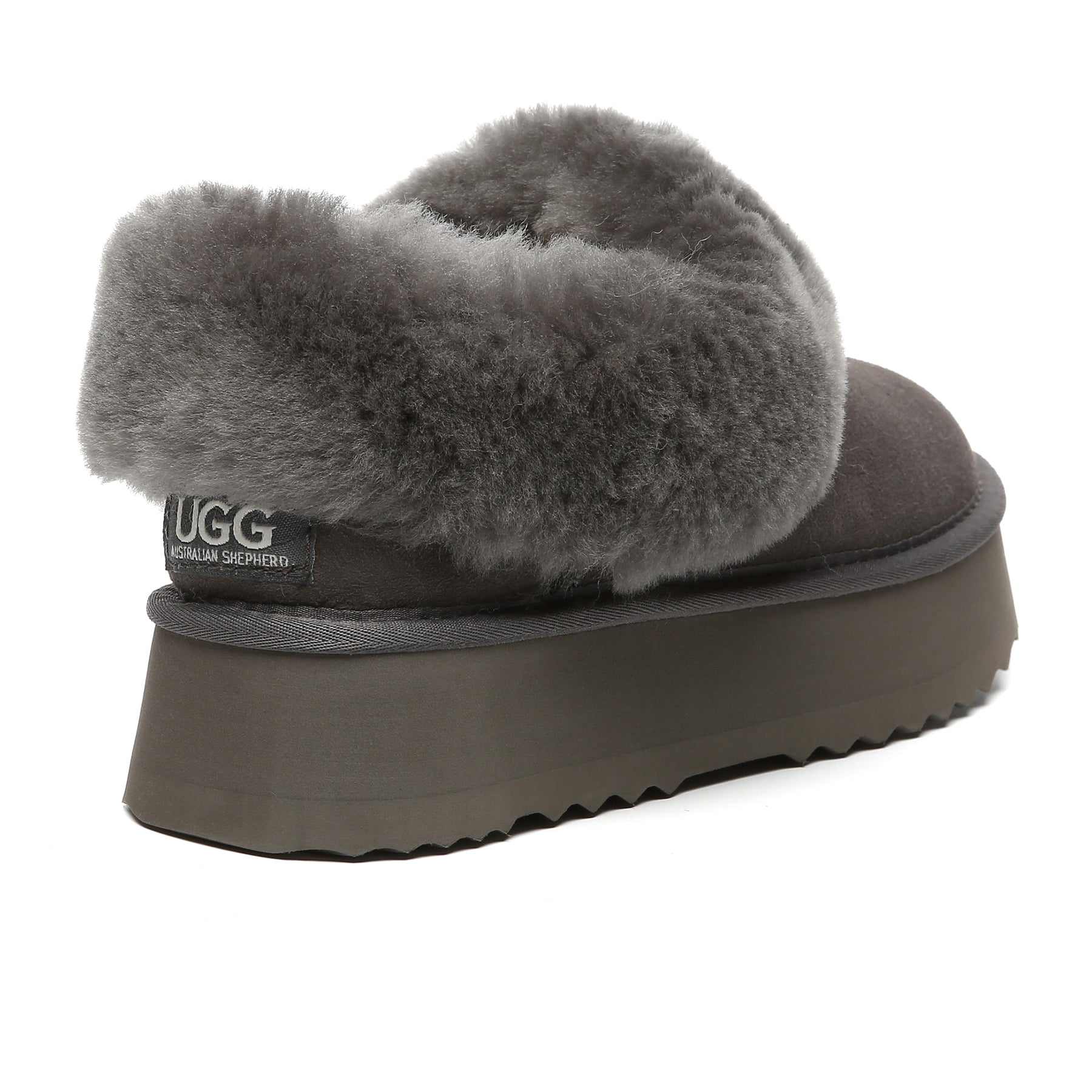 Gray Claire UGG Platform Ankle Slippers for women, featuring plush material and slip-on design, by EverUgg.