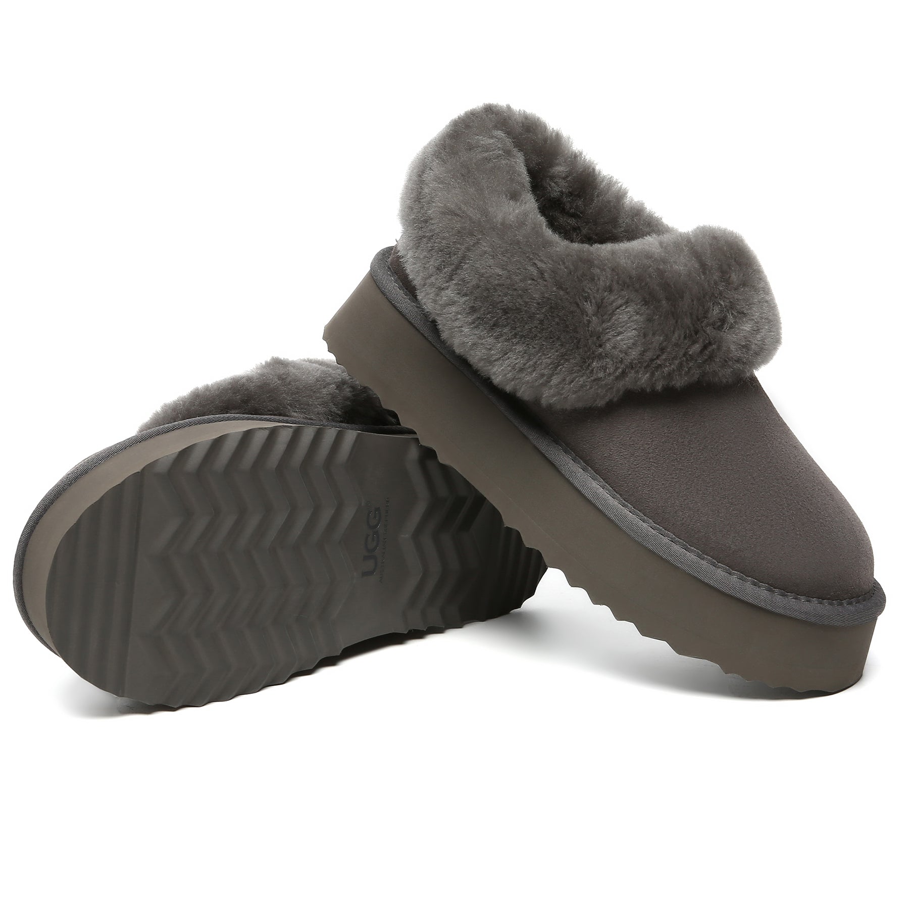 Grey Claire UGG platform ankle slippers for women, with soft UGG slipper design and comfortable slip-on style.