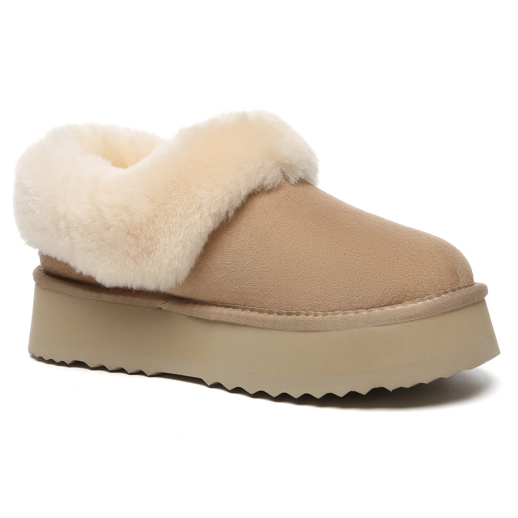 EverUgg Claire UGG platform ankle slippers in sand color, comfortable women's slip-on shoes with plush interior and rubber sole.