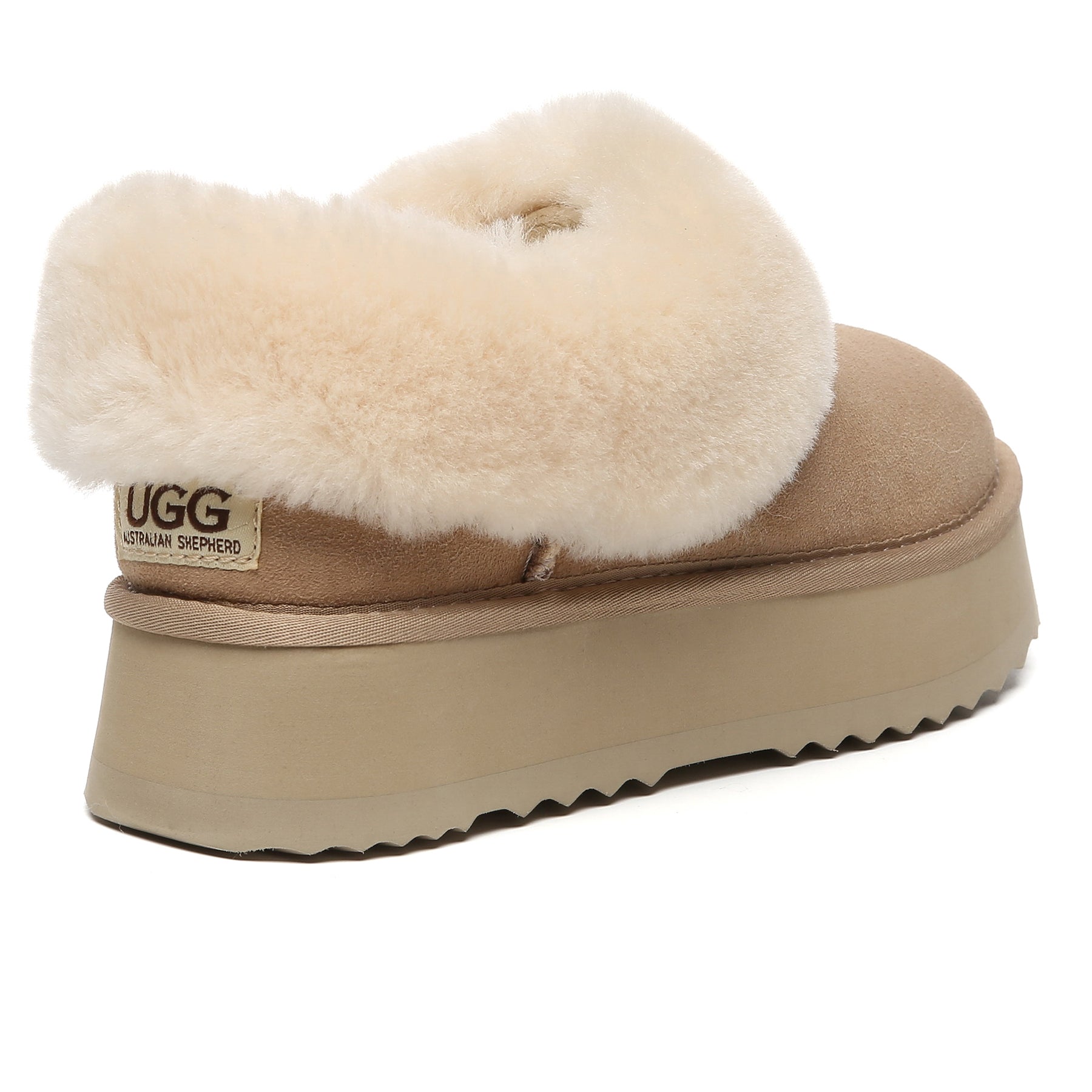 EverUgg Claire UGG platform ankle slippers in sand color, featuring soft UGG slippers design with a thick platform sole.