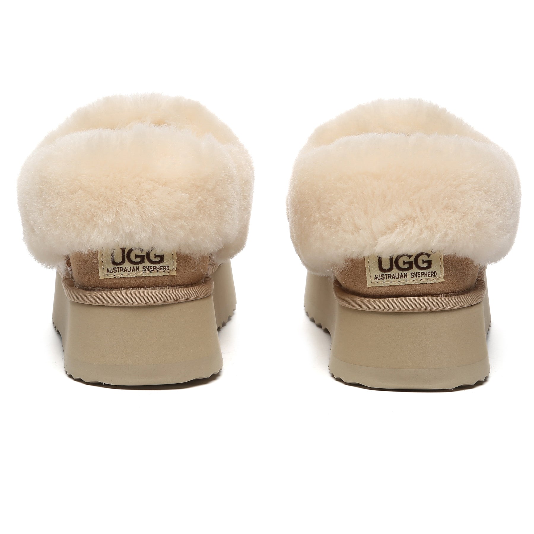 EverUgg Claire UGG platform ankle slippers in beige with soft shearling lining and chunky rubber sole, designed for cozy comfort.