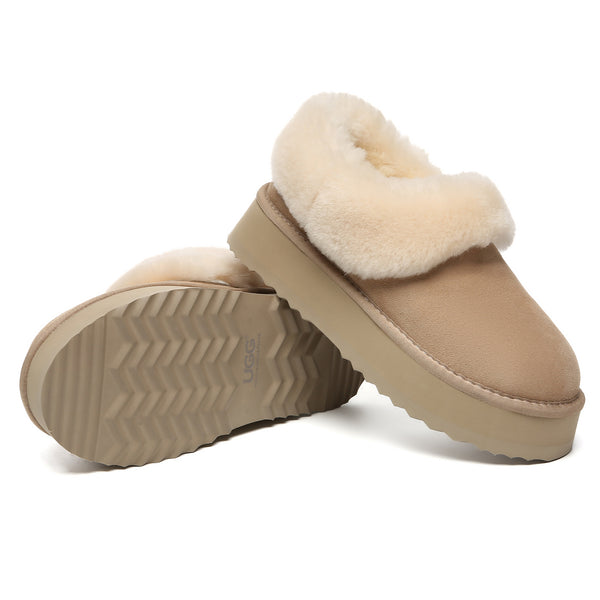 EverUgg Claire UGG platform ankle slippers, beige slip-on shoes for women with plush interior and textured rubber sole.
