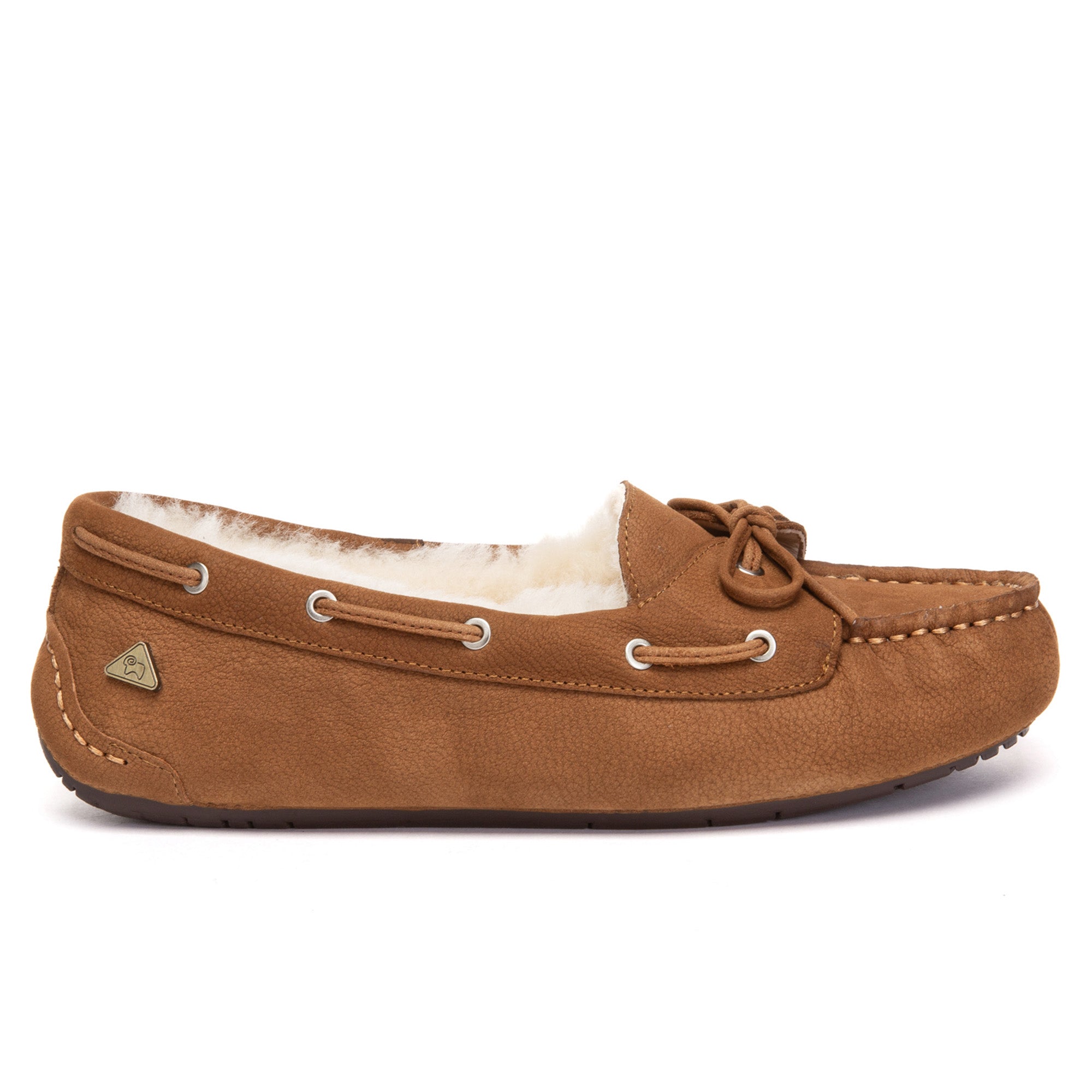 EverUgg Classic Bow UGG Moccasin slippers with a bow detail, soft moccasin style, shown in a cozy indoor setting.