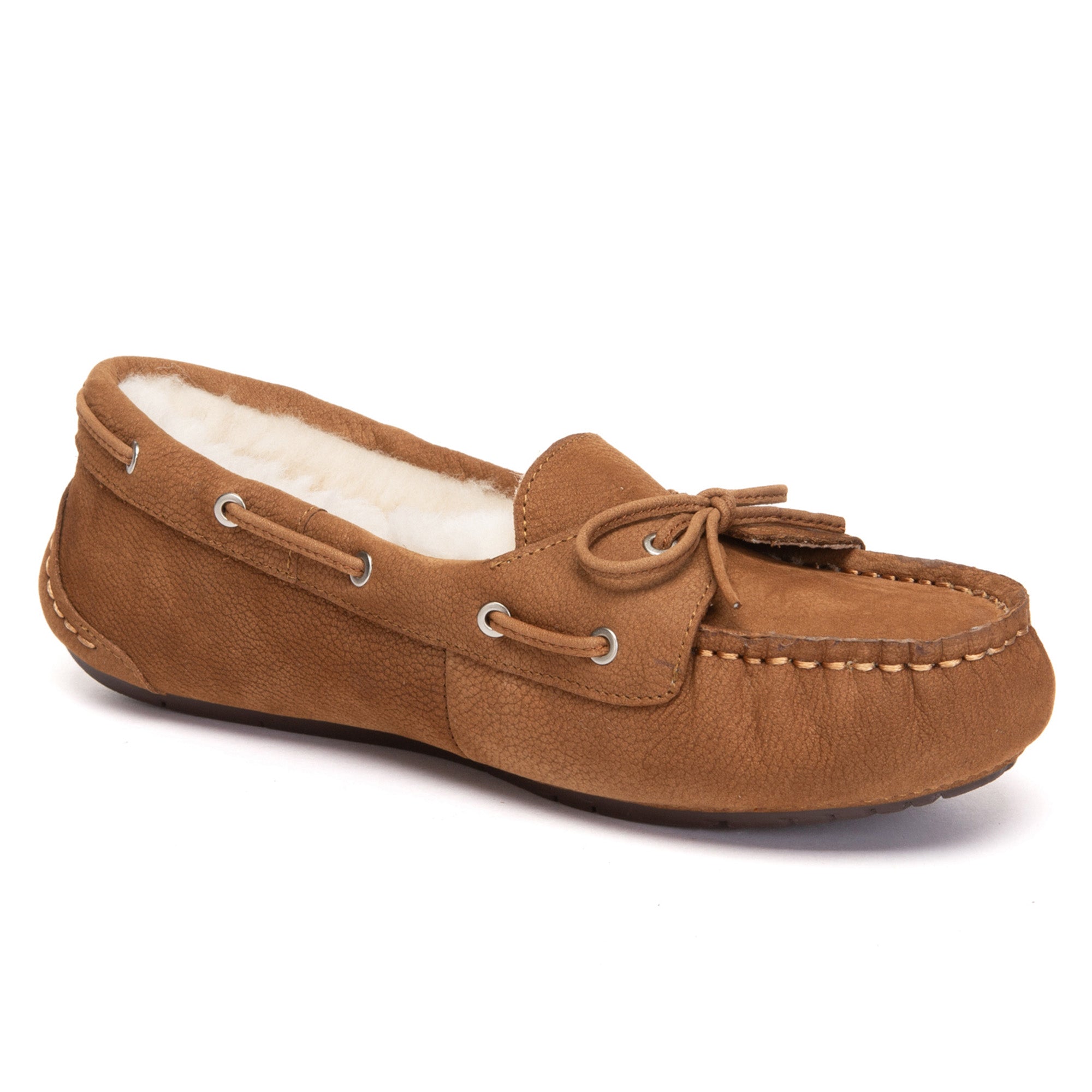EverUgg Classic Bow UGG Moccasin slippers with soft lining and bow detail, shown in a cozy indoor setting.
