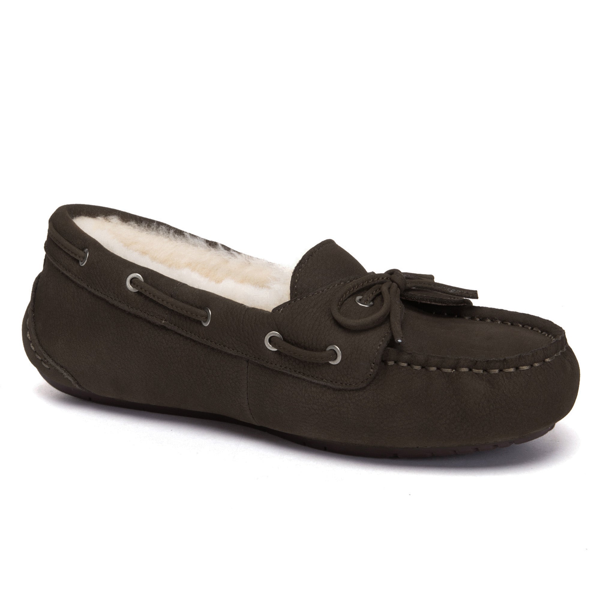 EverUgg Classic Bow Moccasins Slippers with soft leather uppers, bow detail, and cushioned soles for cozy comfort.