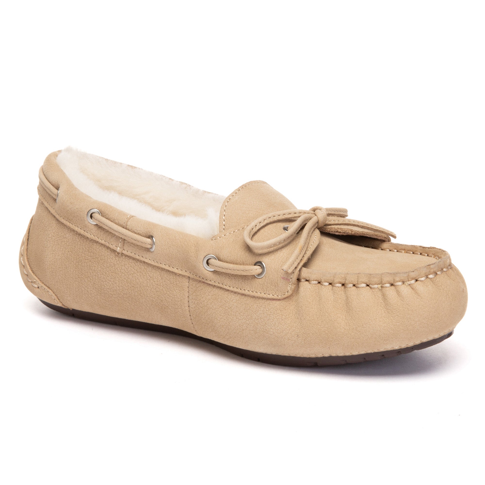 EverUgg Classic Bow Moccasins Slippers, soft suede moccasin with bow detail and plush lining for comfortable indoor wear.