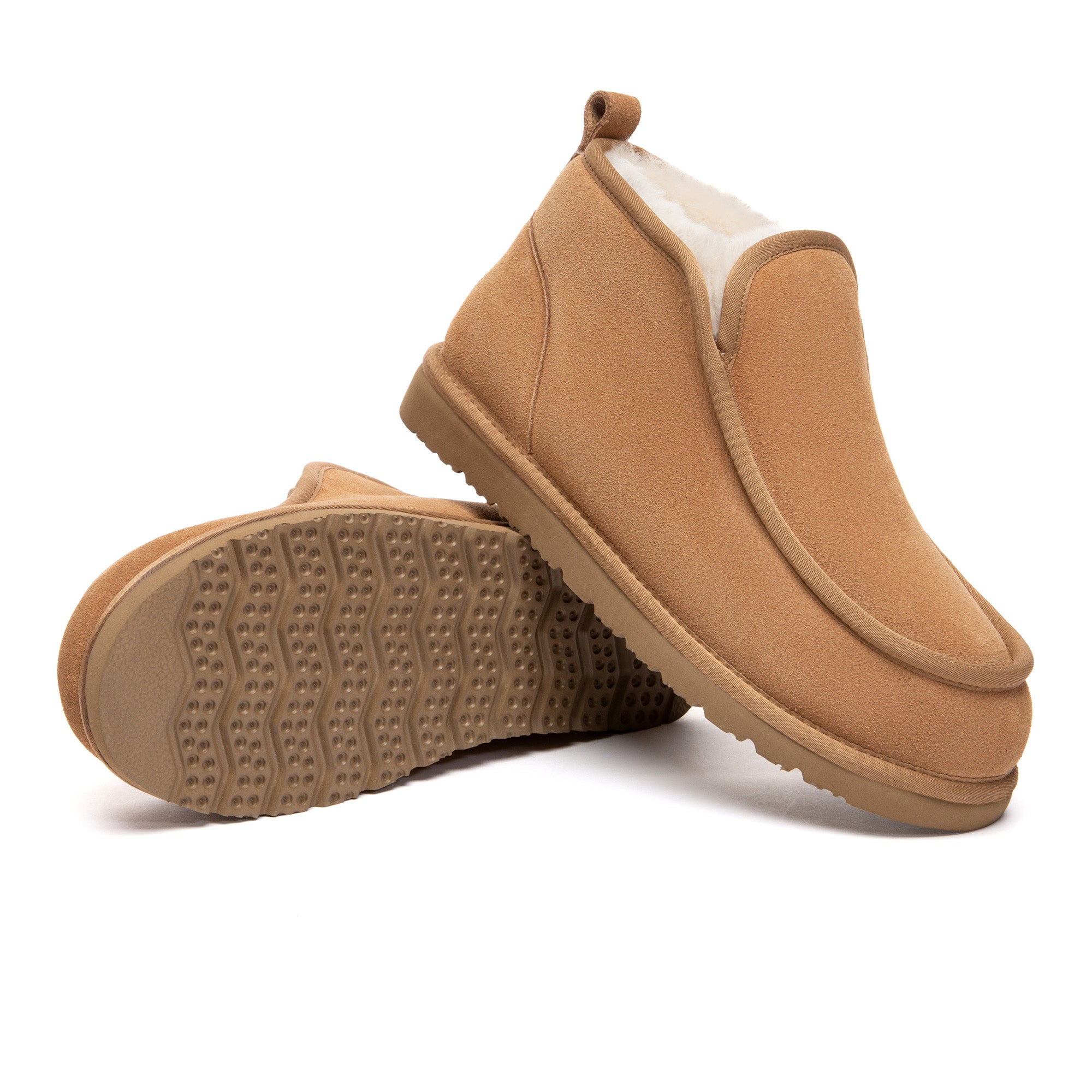 EverUgg Classic Mini Ankle Boots in tan leather, featuring plush sheepskin lining and durable rubber soles.