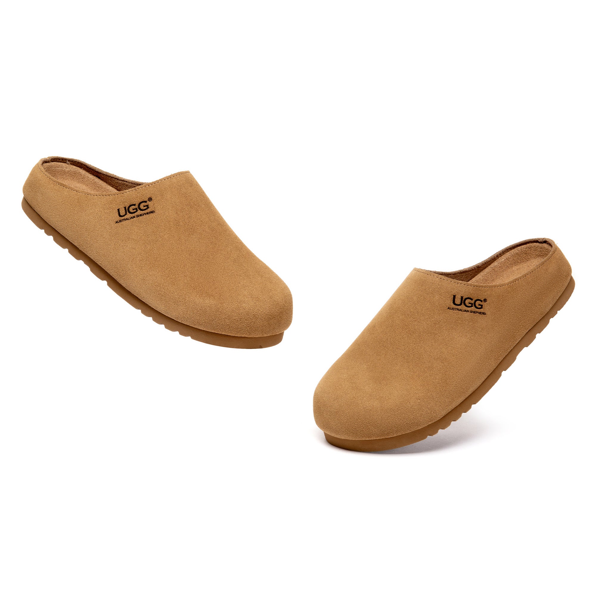 EverUgg Classic Suede UGG Slides, cozy beige slippers with soft suede material and open-toe design, perfect for comfortable lounging.