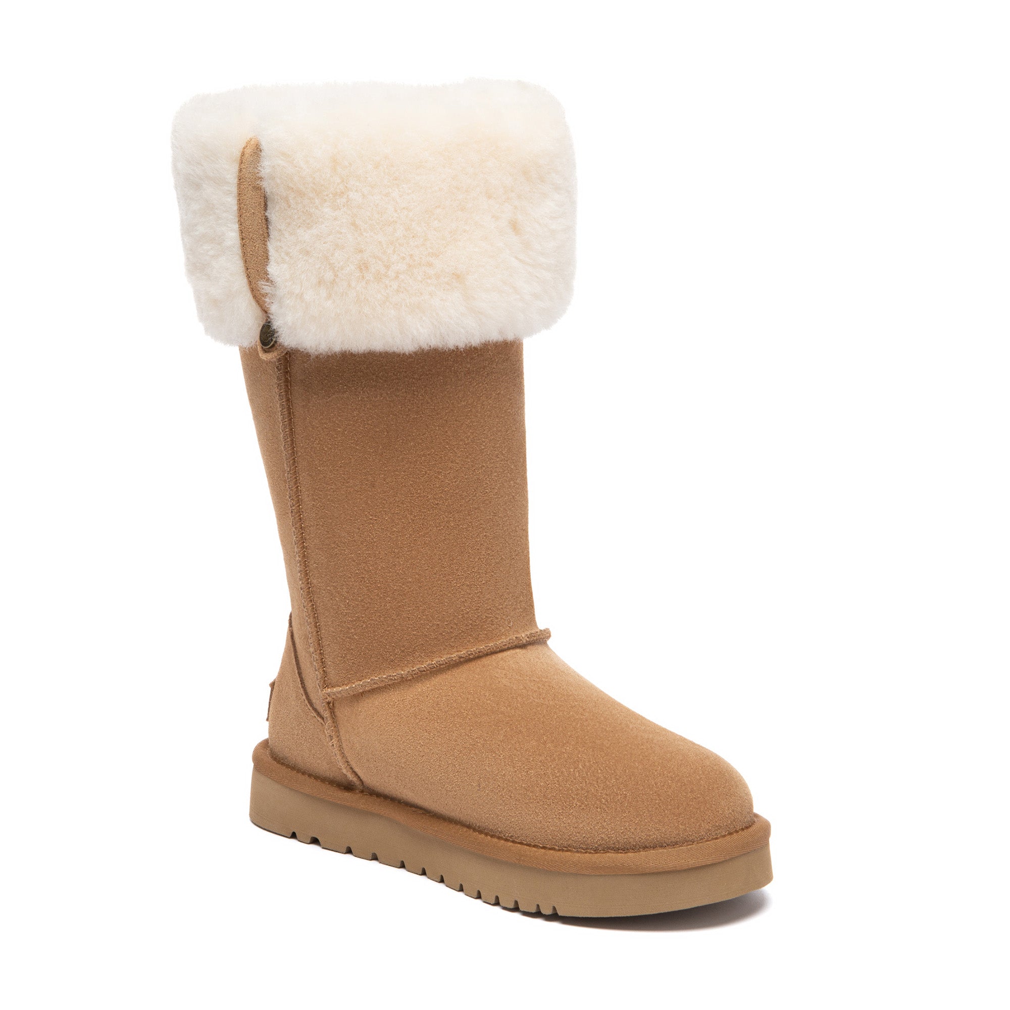 Eleni pull-on tall UGG boots by EverUgg featuring plush sheepskin lining and sleek black leather exterior.
