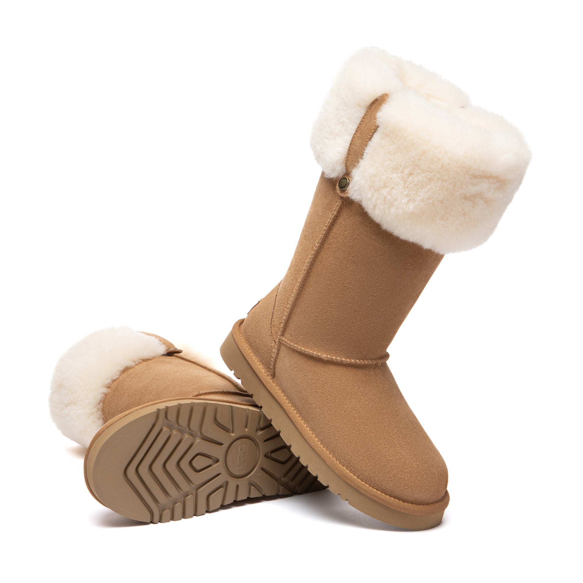 Eleni pull-on tall UGG boots by EverUgg featuring soft suede exterior and plush sheepskin lining, knee-high style with flat sole