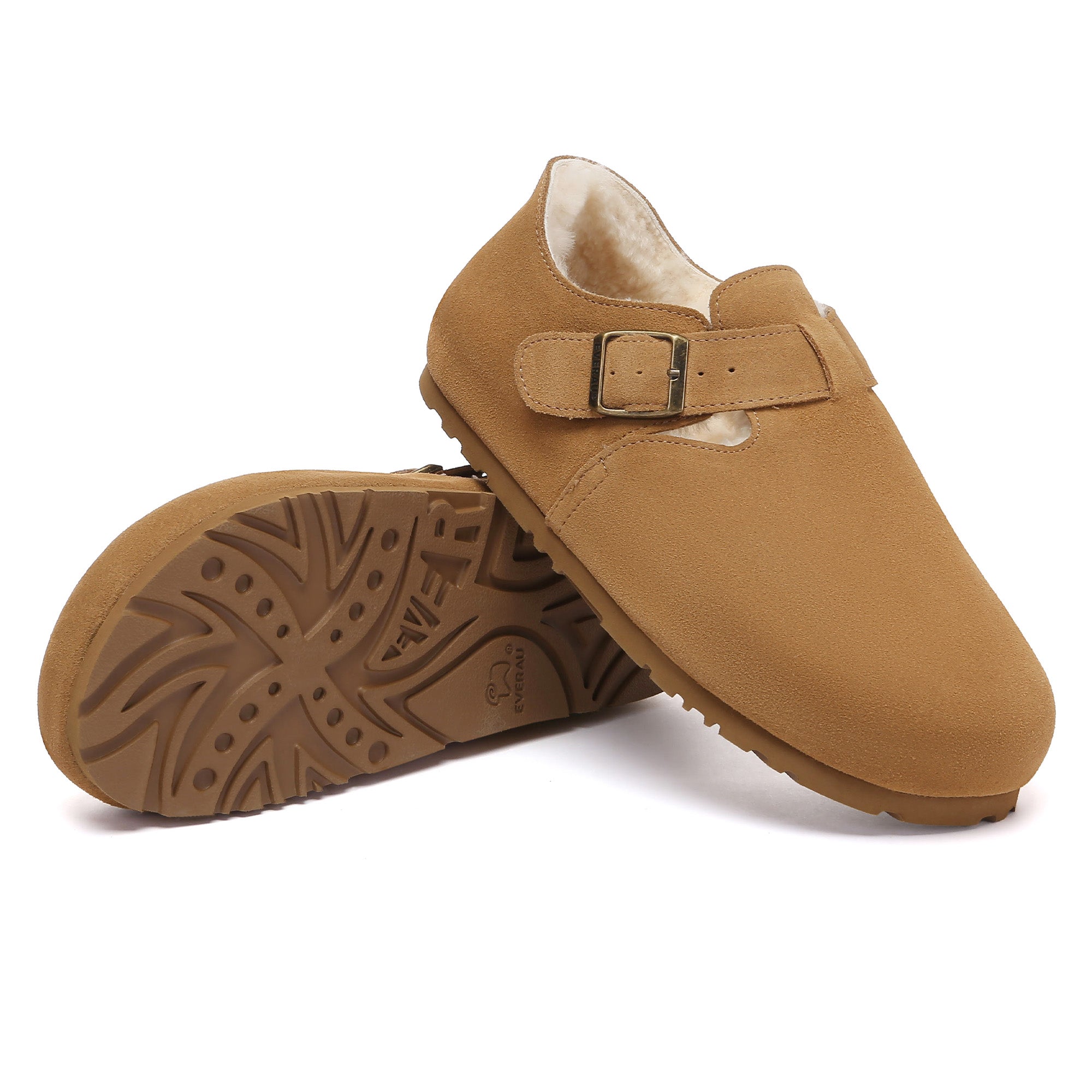 EverUgg women's adjustable buckle clog slippers with soft UGG lining and sturdy sole, featuring a stylish slip-on design.