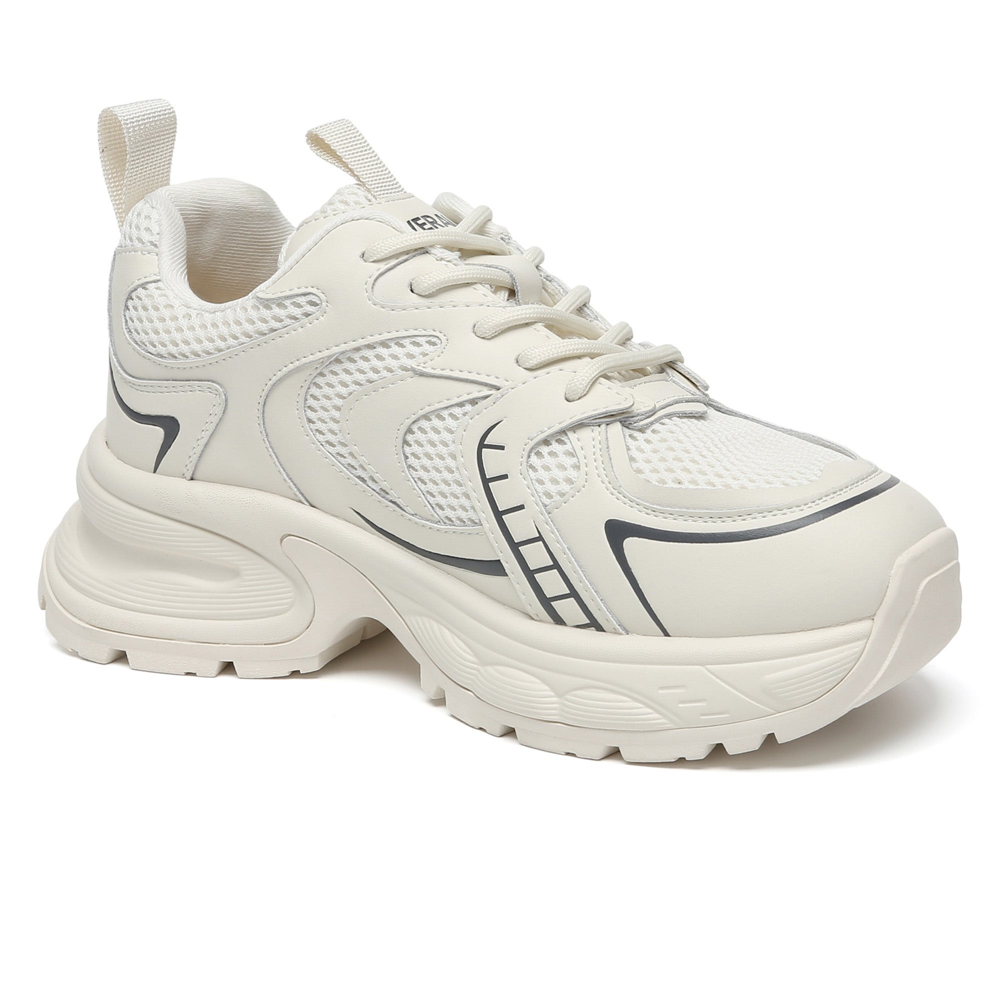 EverUgg Chunky Comfort Platform Sneakers featuring a white and beige design with thick soles and stylish laces.