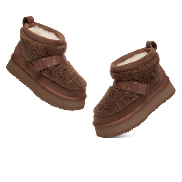 EverUgg Ultra Mini shearling platform UGG boots with plush fur lining and suede exterior, styled with casual winter outfit.