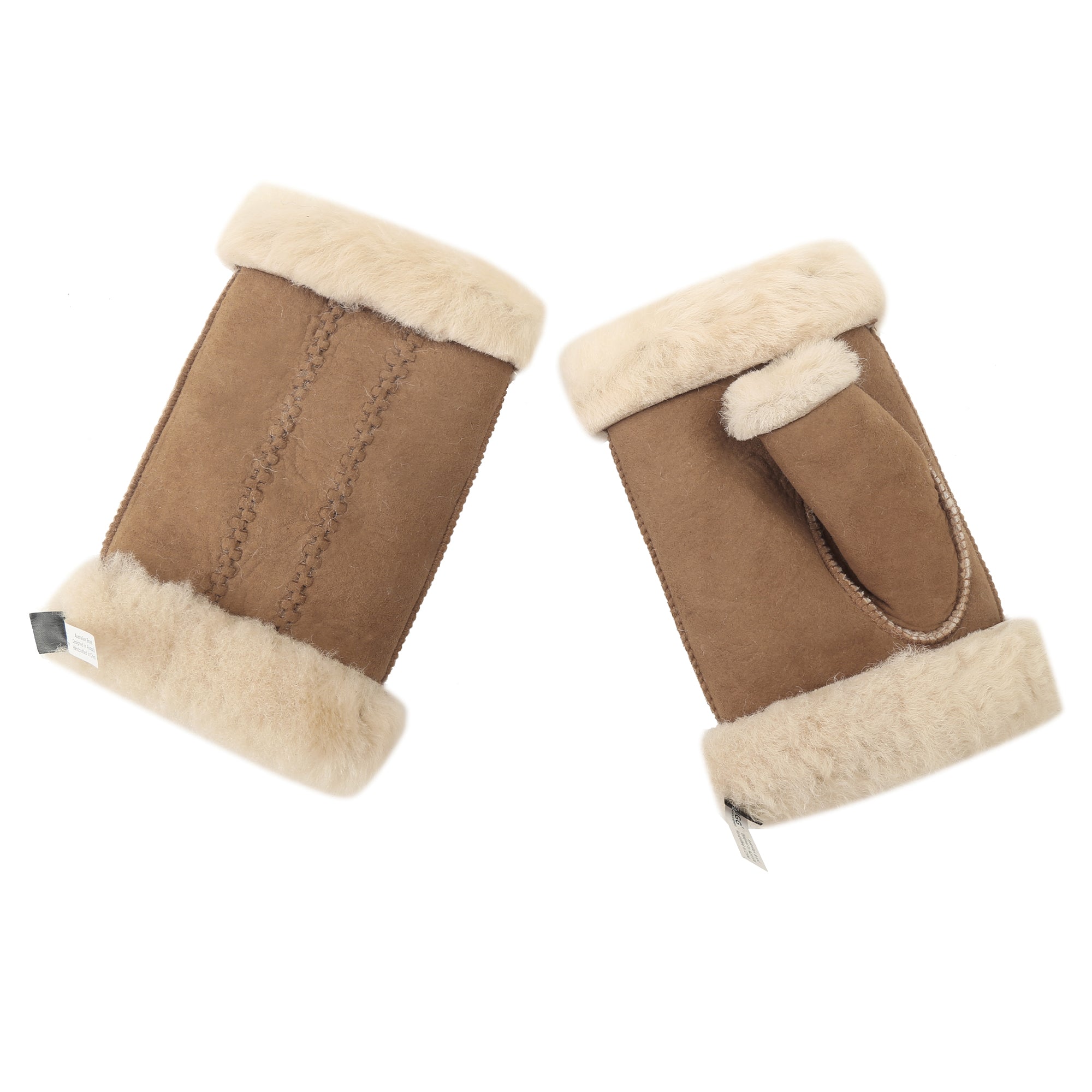 EverUgg fingerless sheepskin mittens showing soft sheepskin interior and stylish design for warm, comfortable hand coverage.